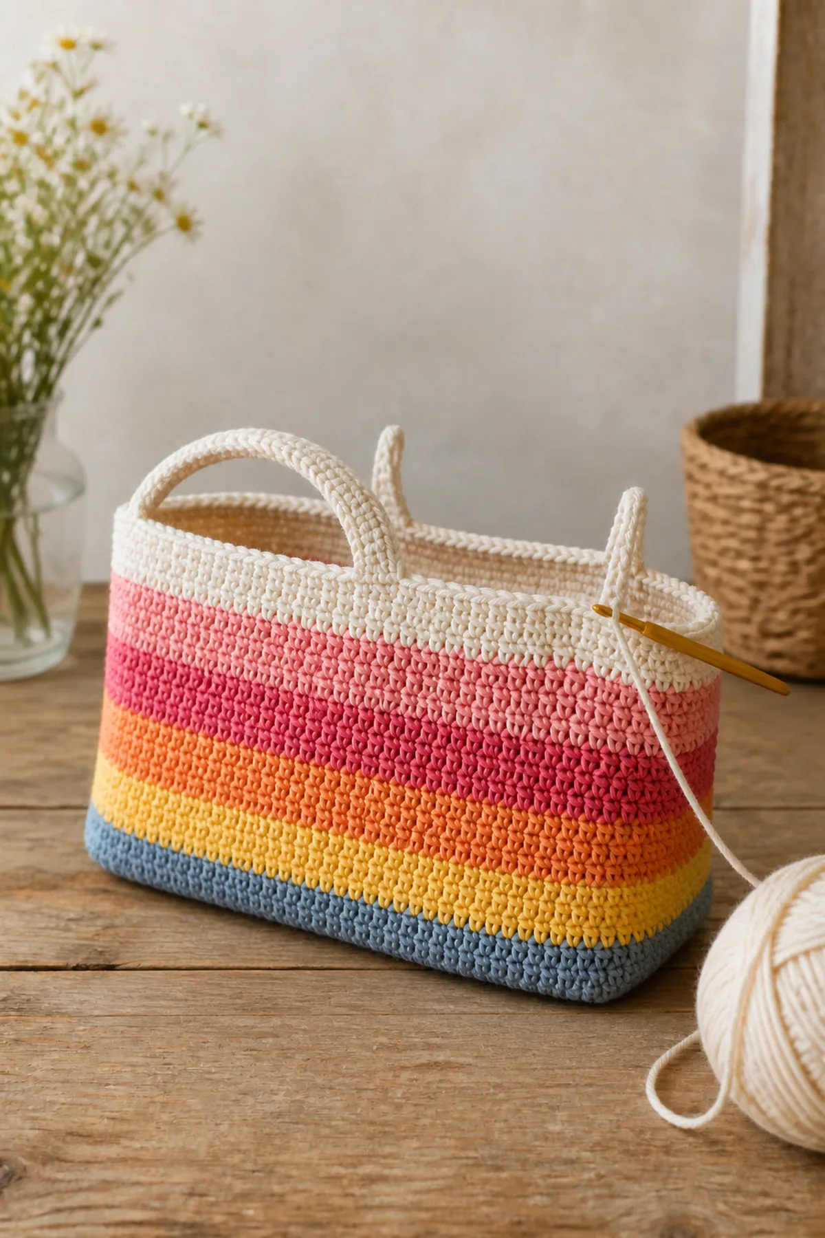 Early crochet construction stage for striped sunset mini tote with working yarn and hook