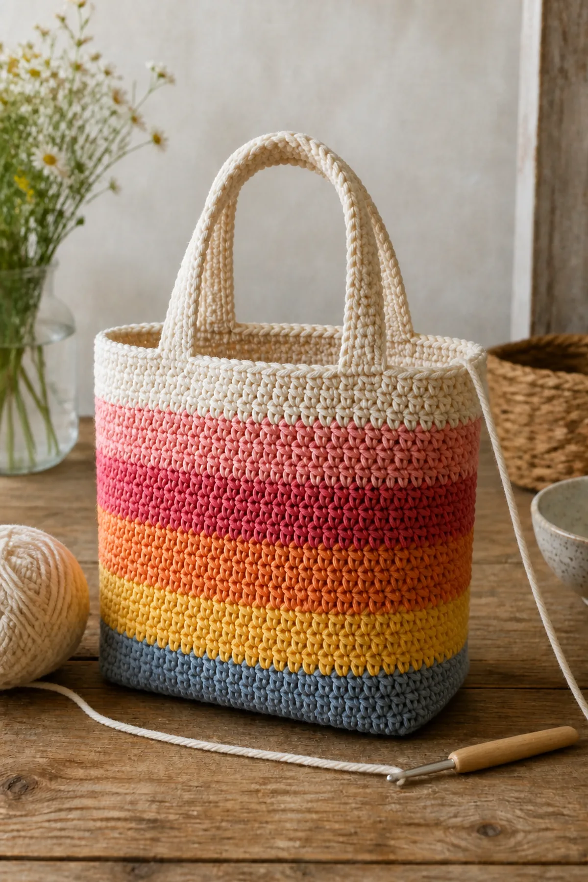 Mid-process crochet construction and shaping for striped sunset mini tote