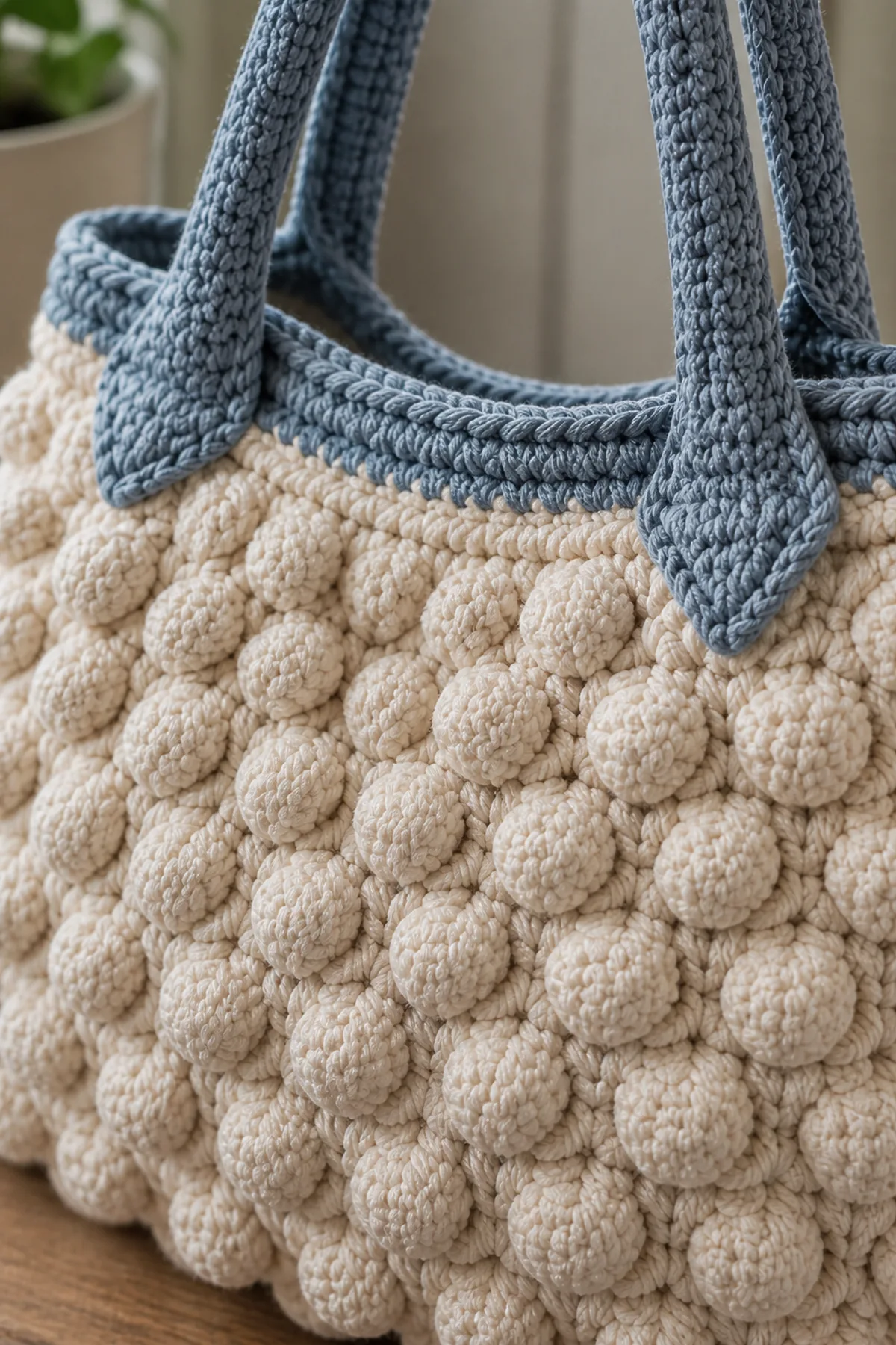 Close-up of the stitch texture and finishing details on textured crochet bobble bag