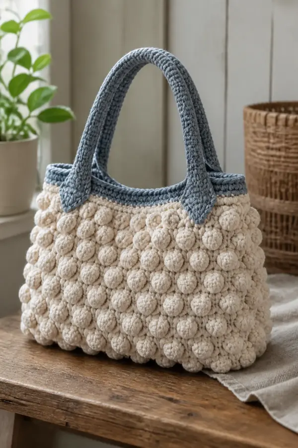 Finished textured crochet bobble bag displayed with a clean handmade finish