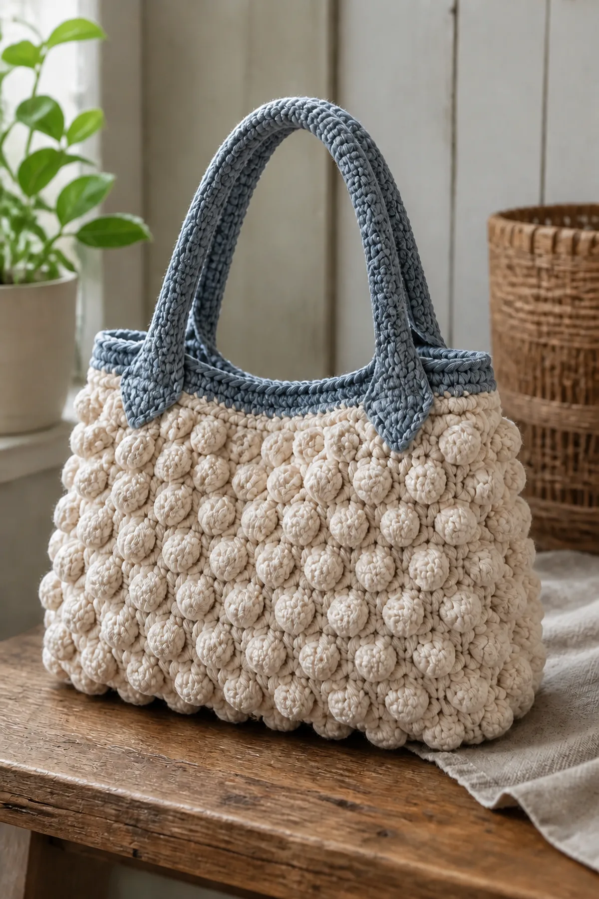 Finished textured crochet bobble bag styled in a bright natural setting