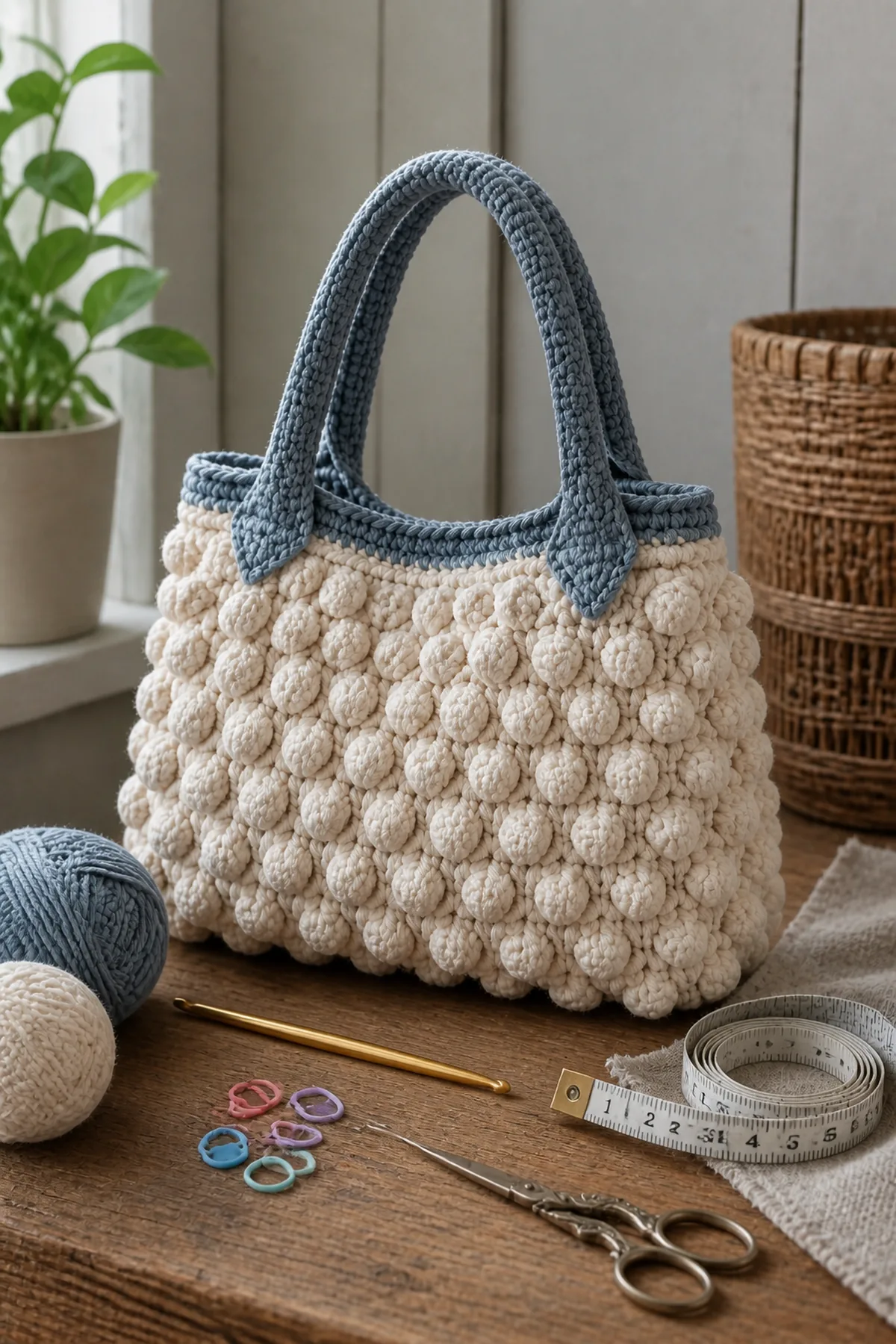 Yarn, crochet hook, stitch markers, yarn needle, tape measure, and scissors for textured crochet bobble bag