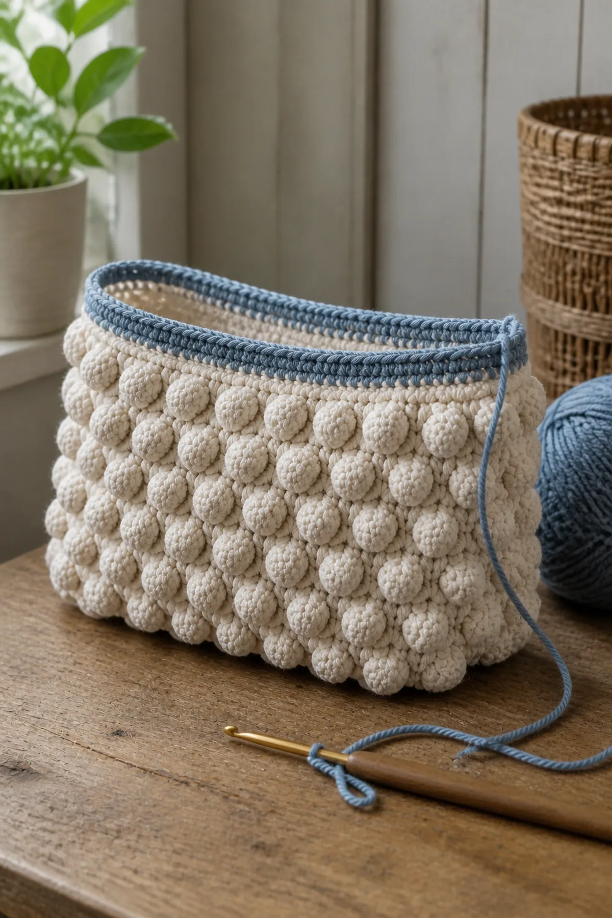 Early crochet construction stage for textured crochet bobble bag with working yarn and hook