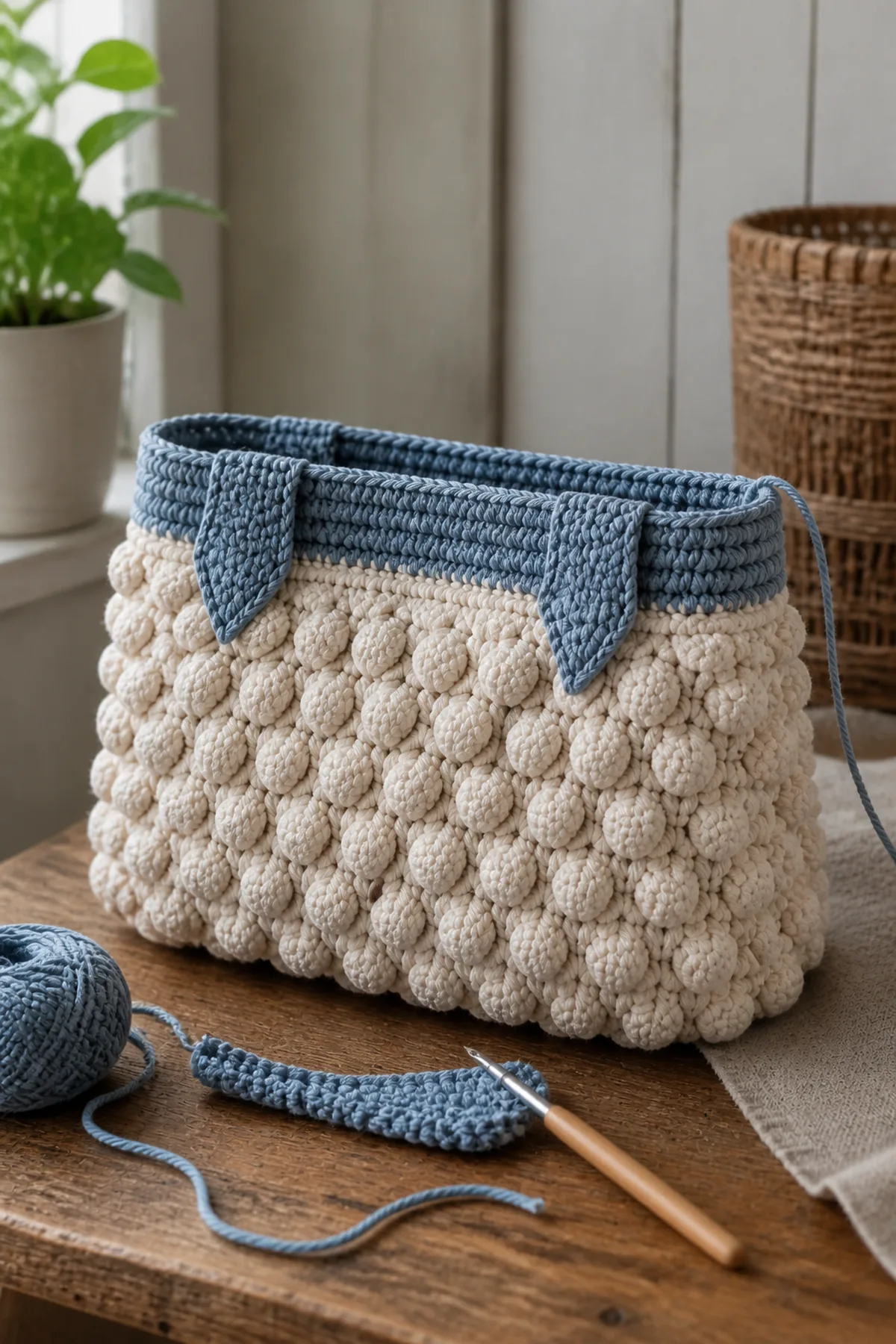Mid-process crochet construction and shaping for textured crochet bobble bag