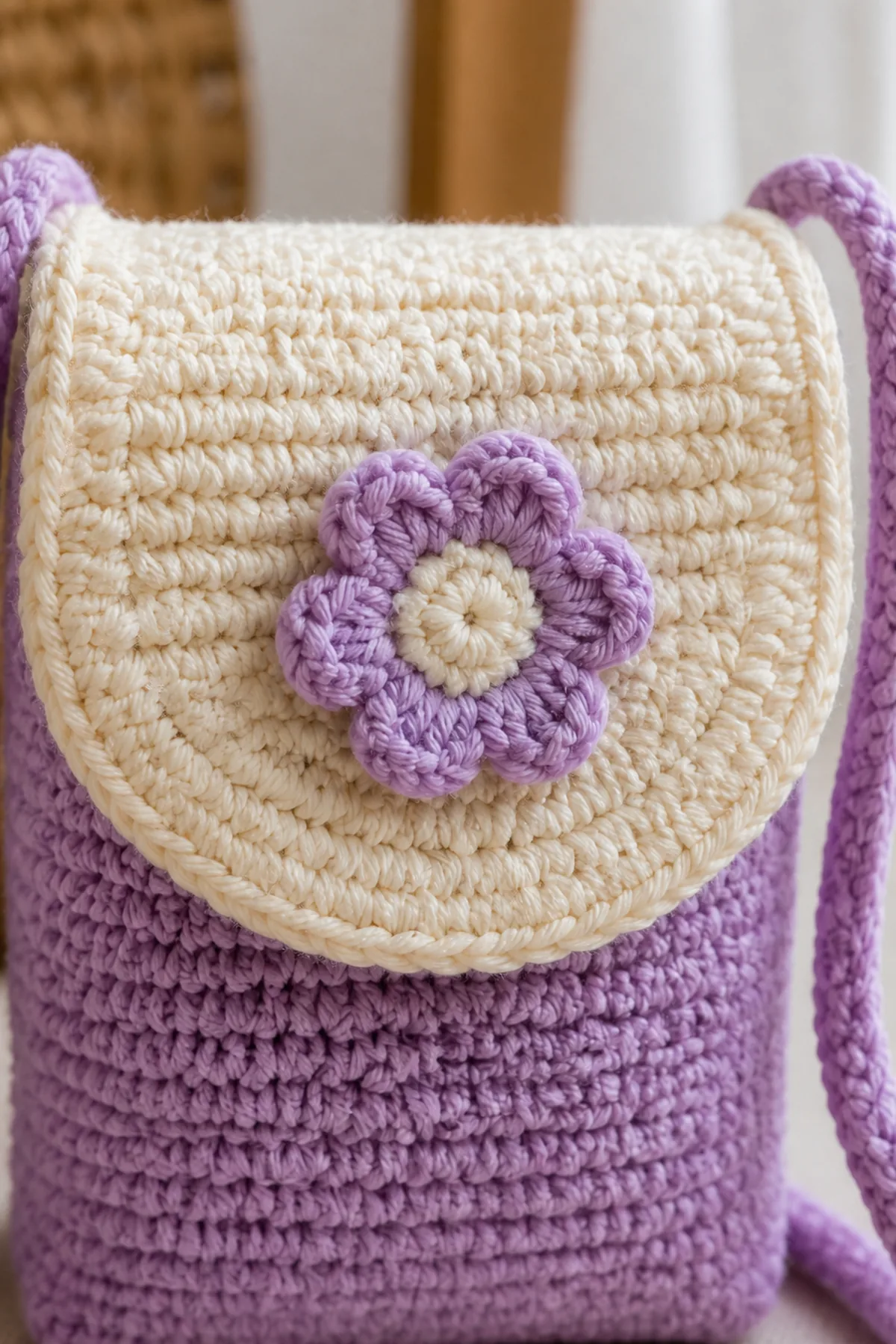Close-up of the stitch texture and finishing details on tiny crochet bag for kids