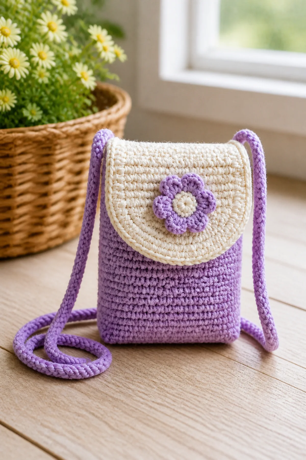 Finished tiny crochet bag for kids styled in a bright natural setting