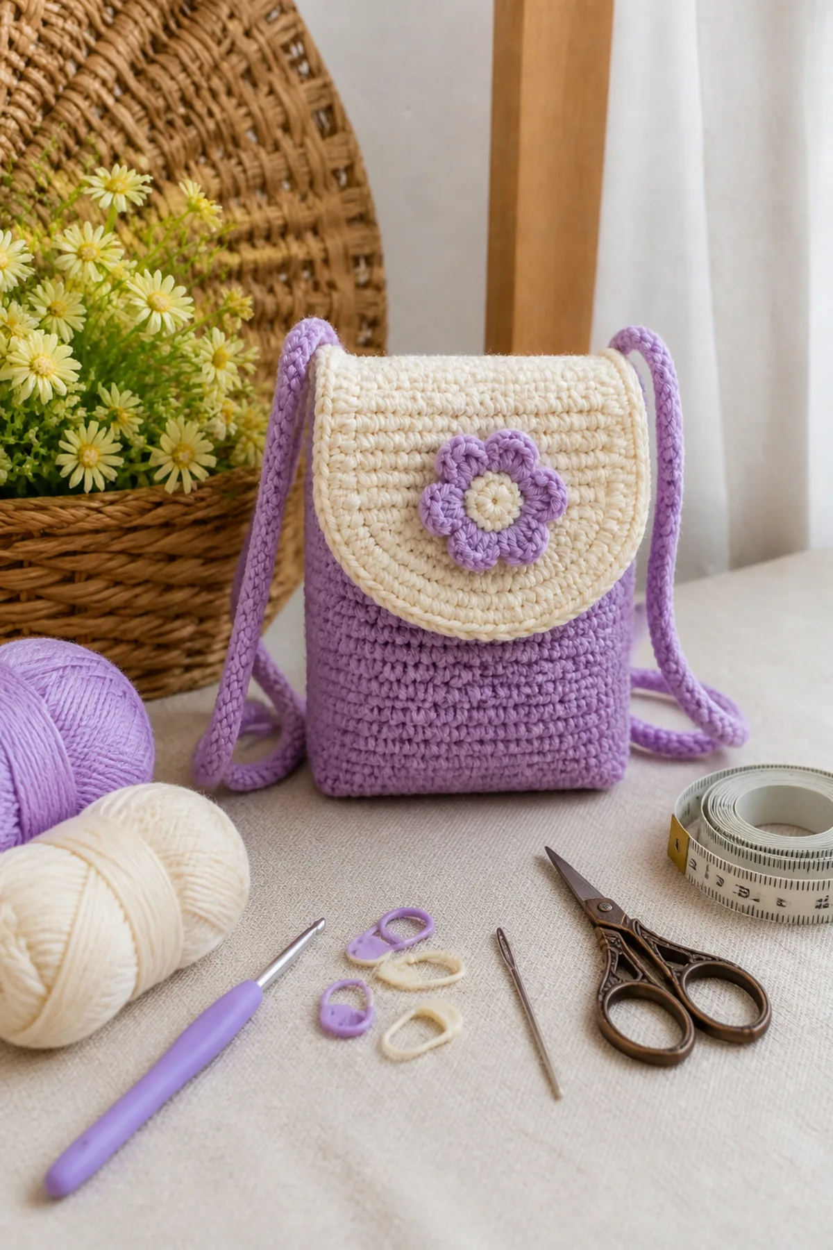 Yarn, crochet hook, stitch markers, yarn needle, tape measure, and scissors for tiny crochet bag for kids