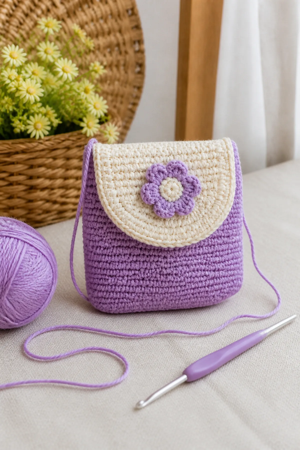 Early crochet construction stage for tiny crochet bag for kids with working yarn and hook