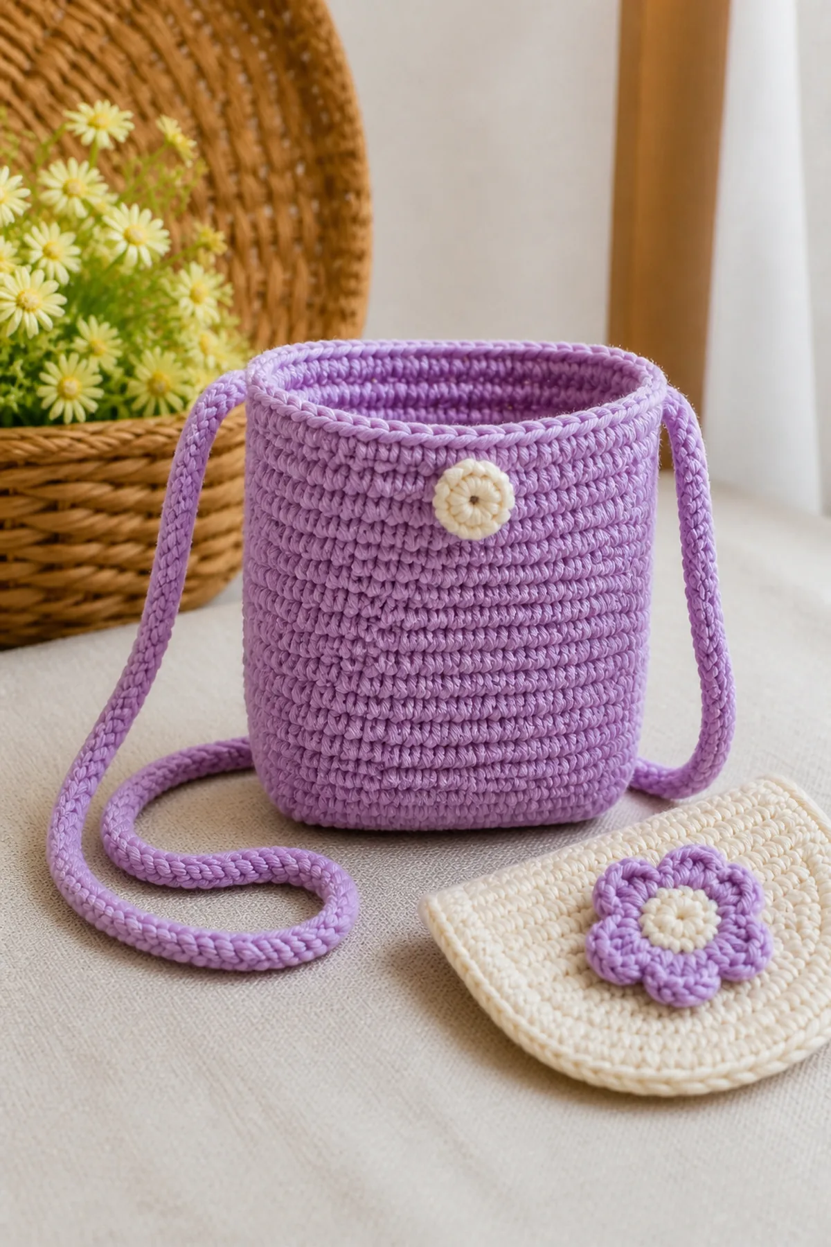 Mid-process crochet construction and shaping for tiny crochet bag for kids