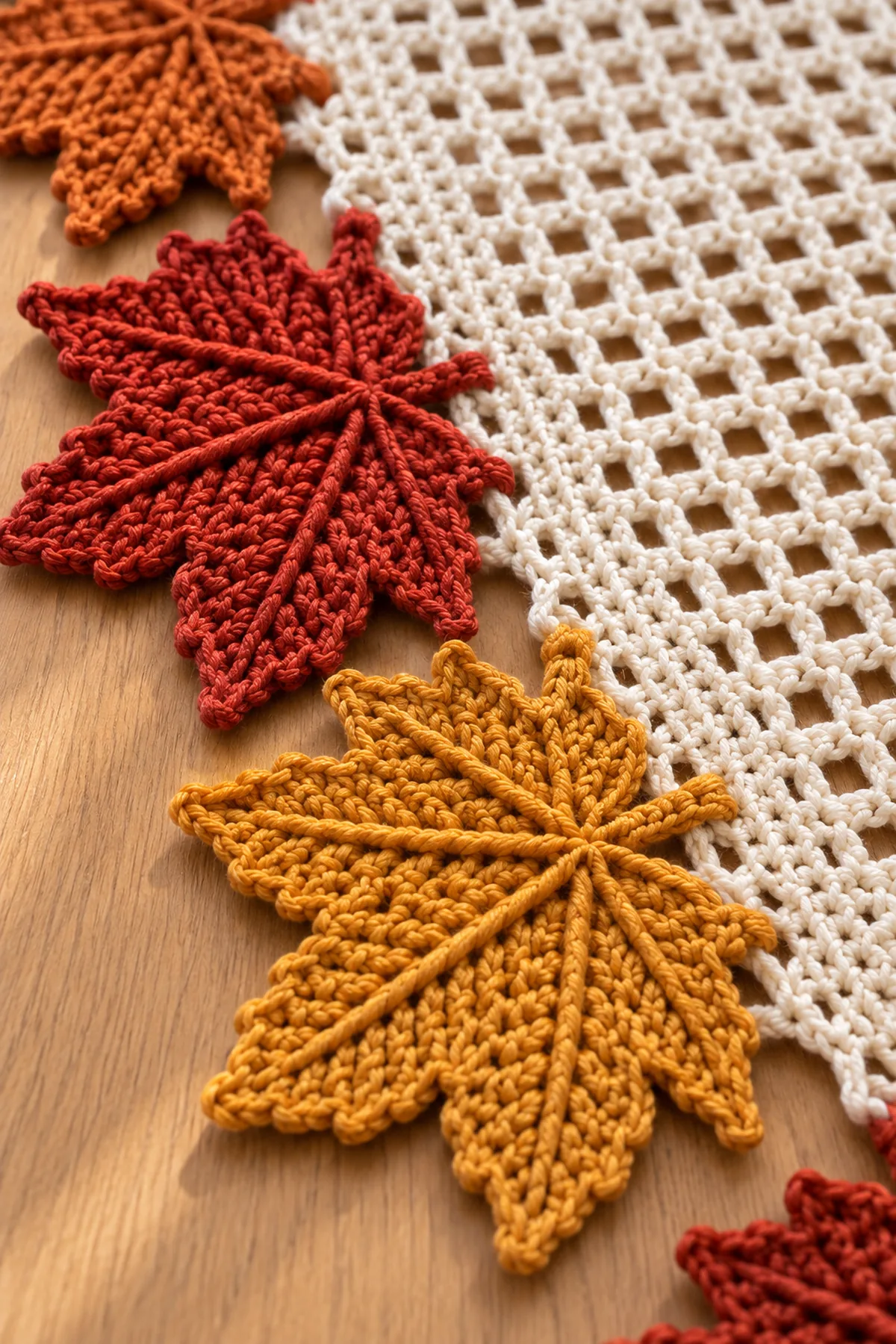 Close-up of pointed crochet maple leaves raised veins and cream filet mesh border