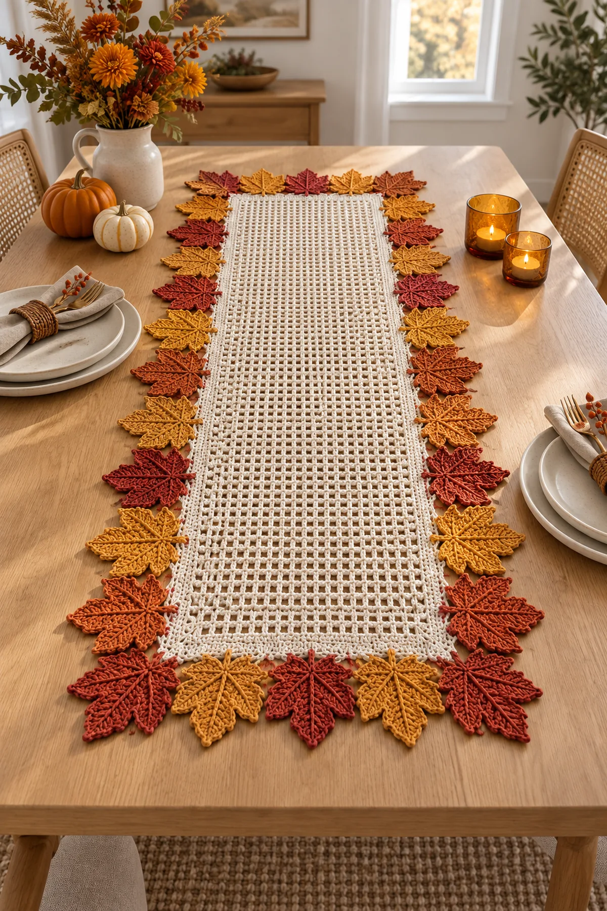 Finished cream crochet filet table runner bordered with rust orange mustard and copper maple leaves