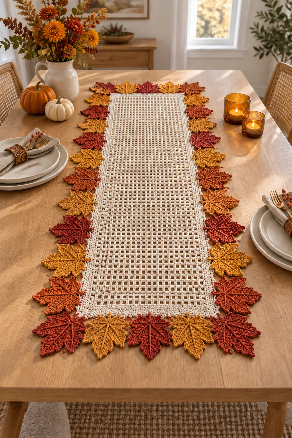 Autumn rust maple leaf crochet table runner styled on a warm oak harvest table