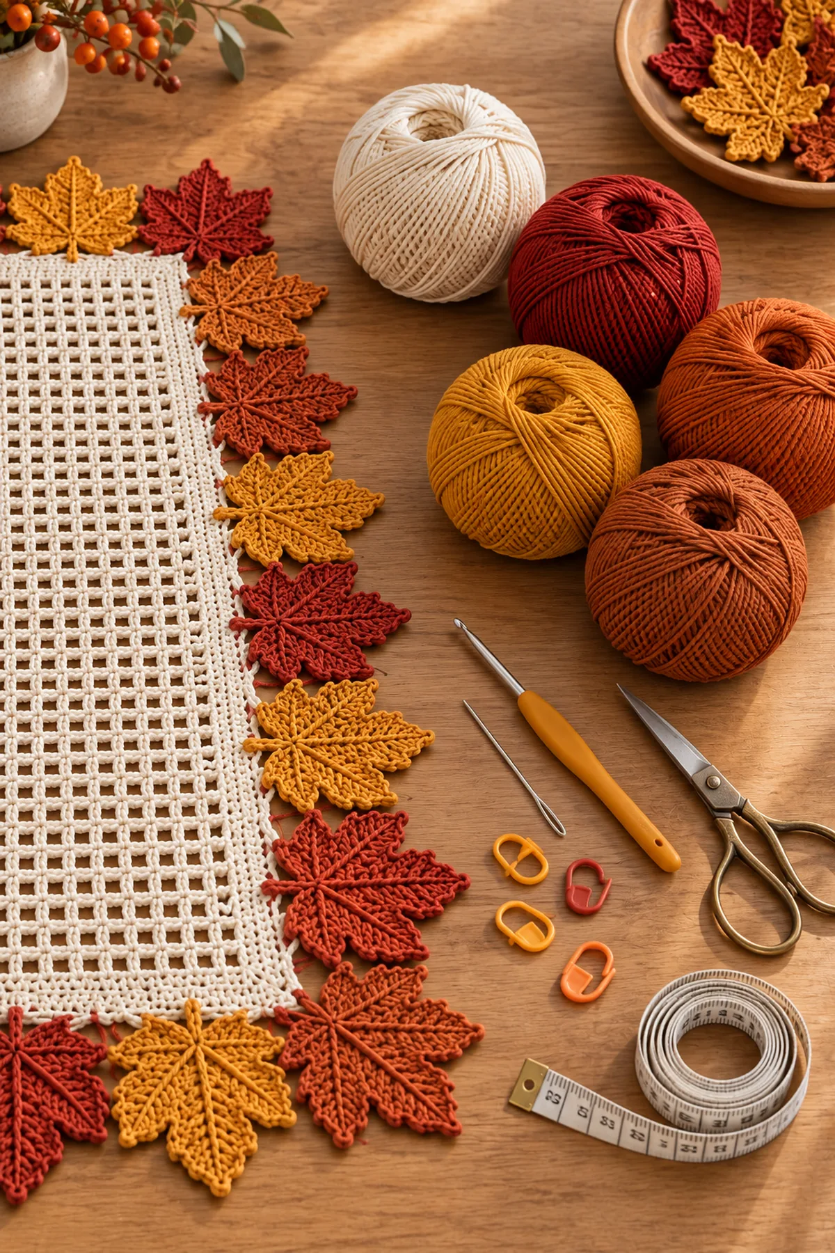 Cream rust orange mustard and copper DK cotton yarn crochet hook markers needle scissors and blocking pins
