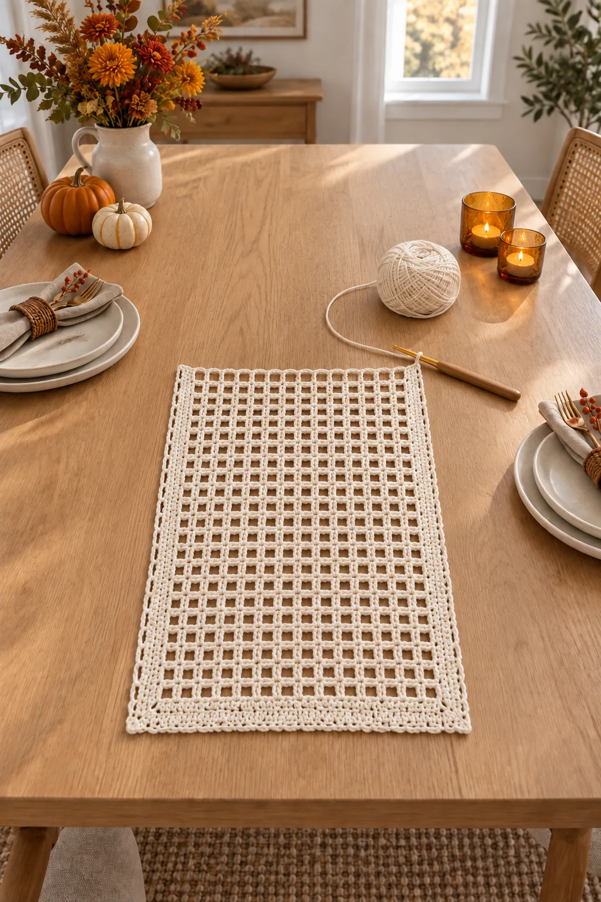 Cream 61 position filet mesh table runner base in progress