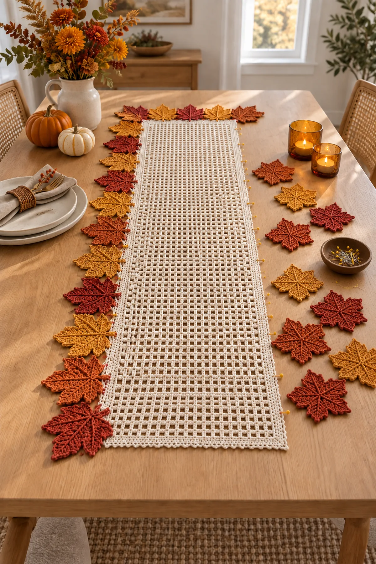 Blocked cream runner with twenty-six colored maple leaf motifs arranged around the perimeter