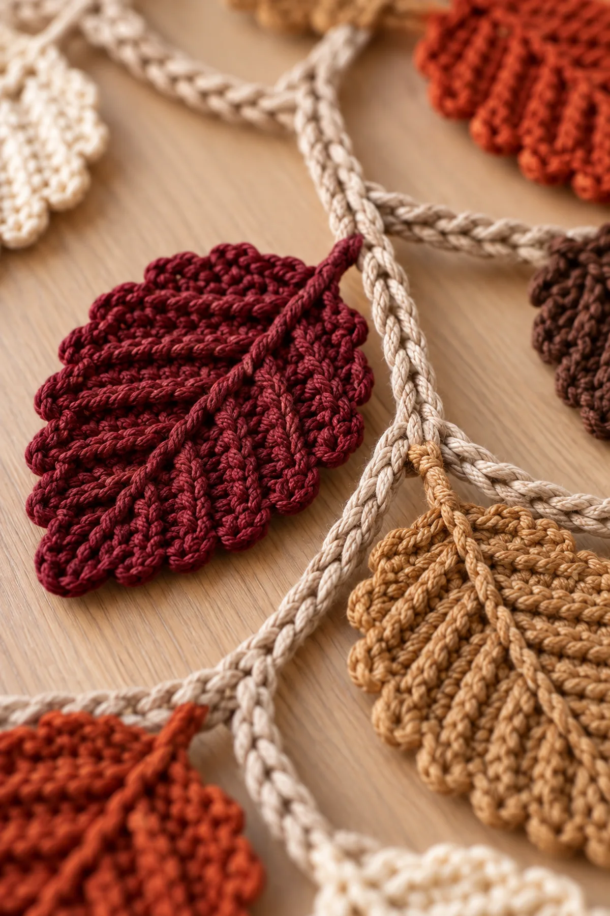 Close-up of ribbed crochet leaves stem joins and open vine lattice