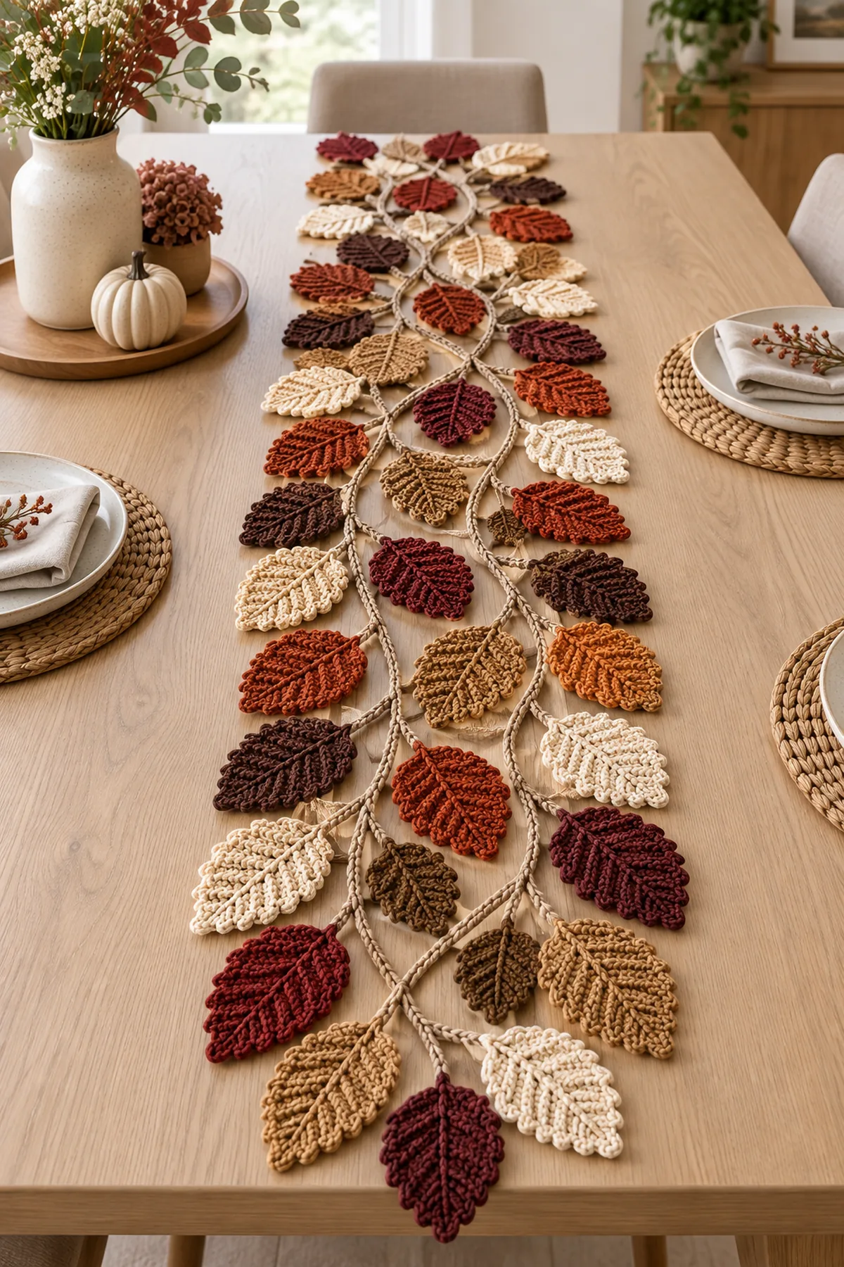 Finished elegant crochet table runner made from multicolor fall leaves and taupe vine lattice