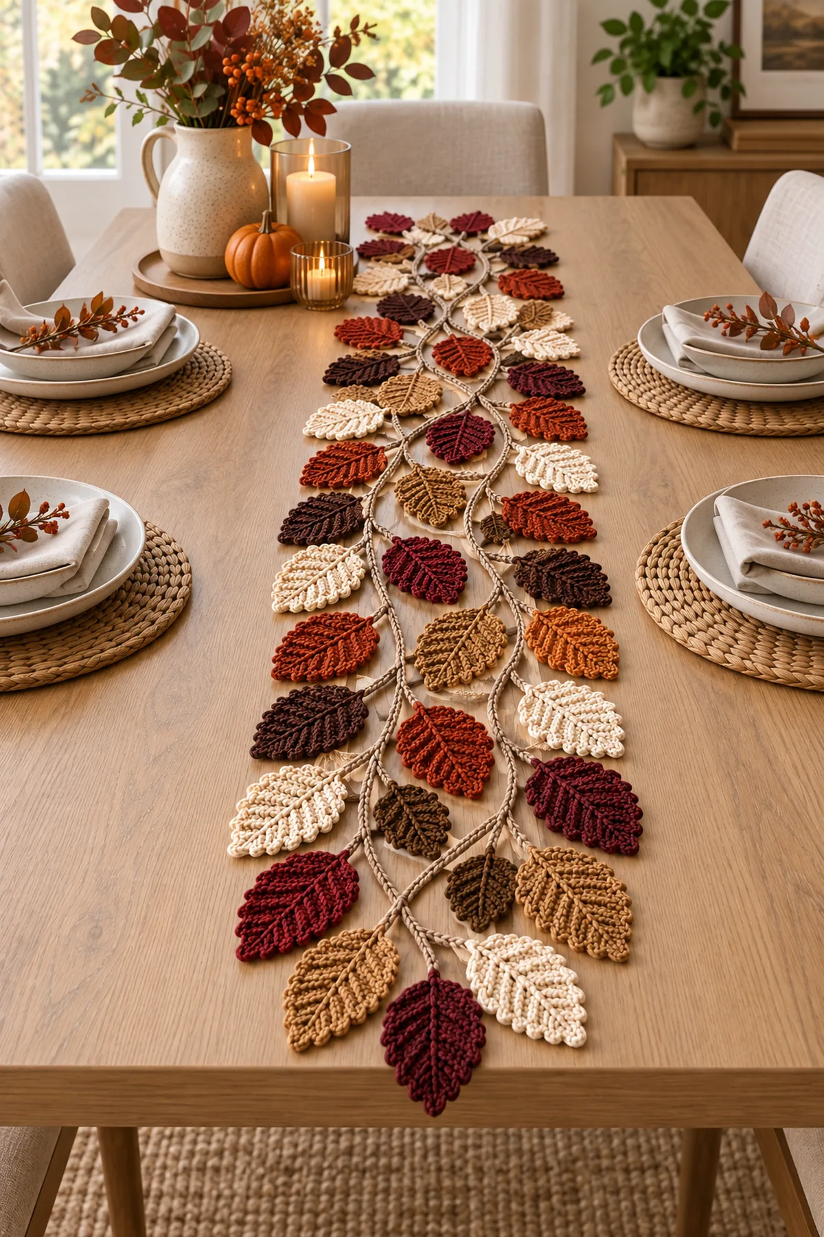 Elegant fall leaf crochet table runner styled with neutral home decor
