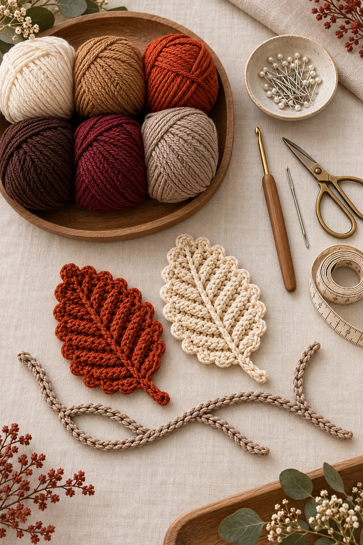 Cream camel rust chocolate burgundy and taupe cotton yarn with crochet tools