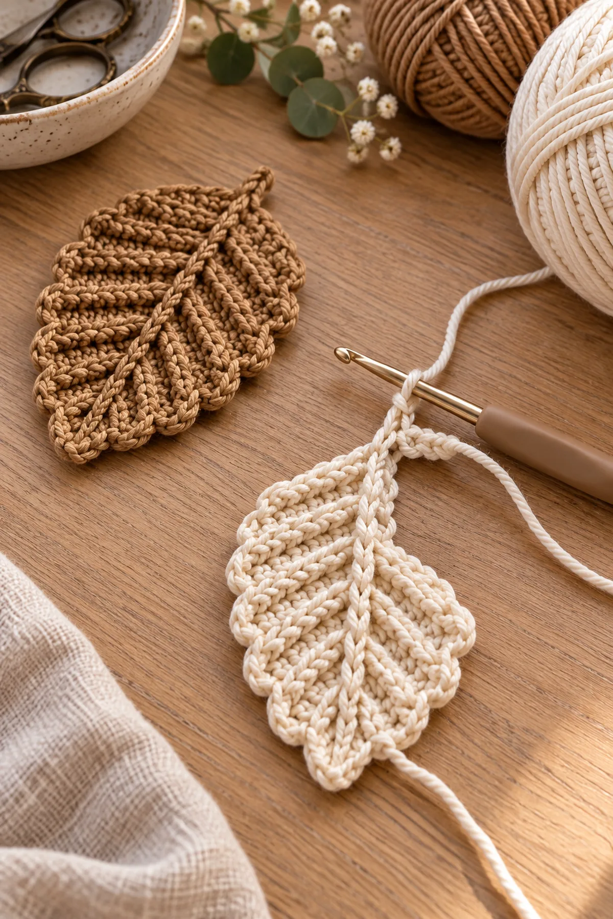 One ribbed oval crochet leaf motif in progress