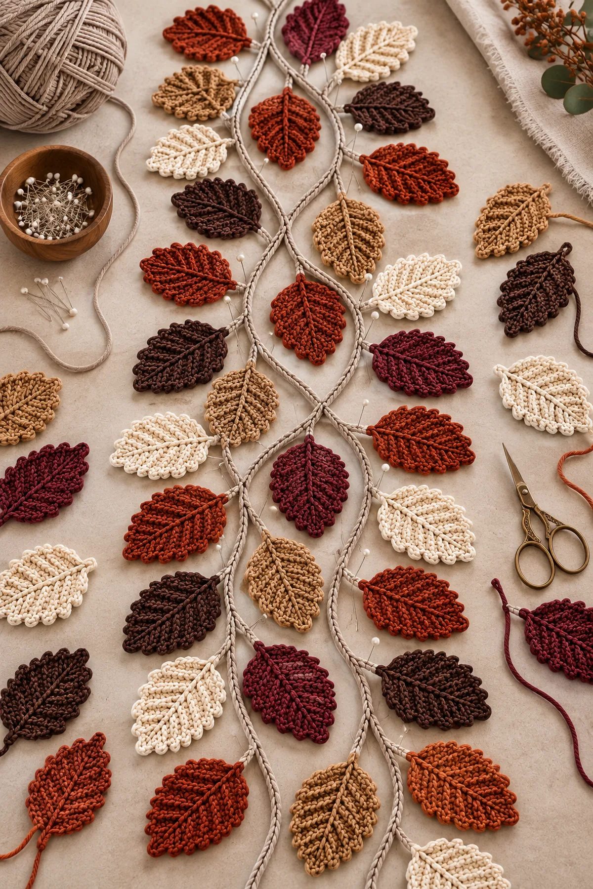 Forty-two autumn leaf motifs arranged around branching taupe crochet vines