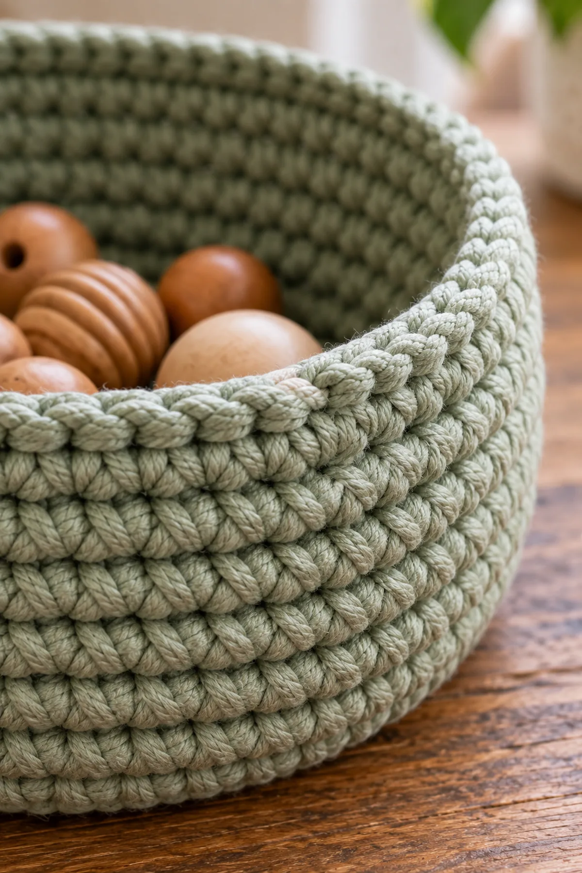 Close-up of stitch texture and finishing details on beginner crochet coiled rope bowl
