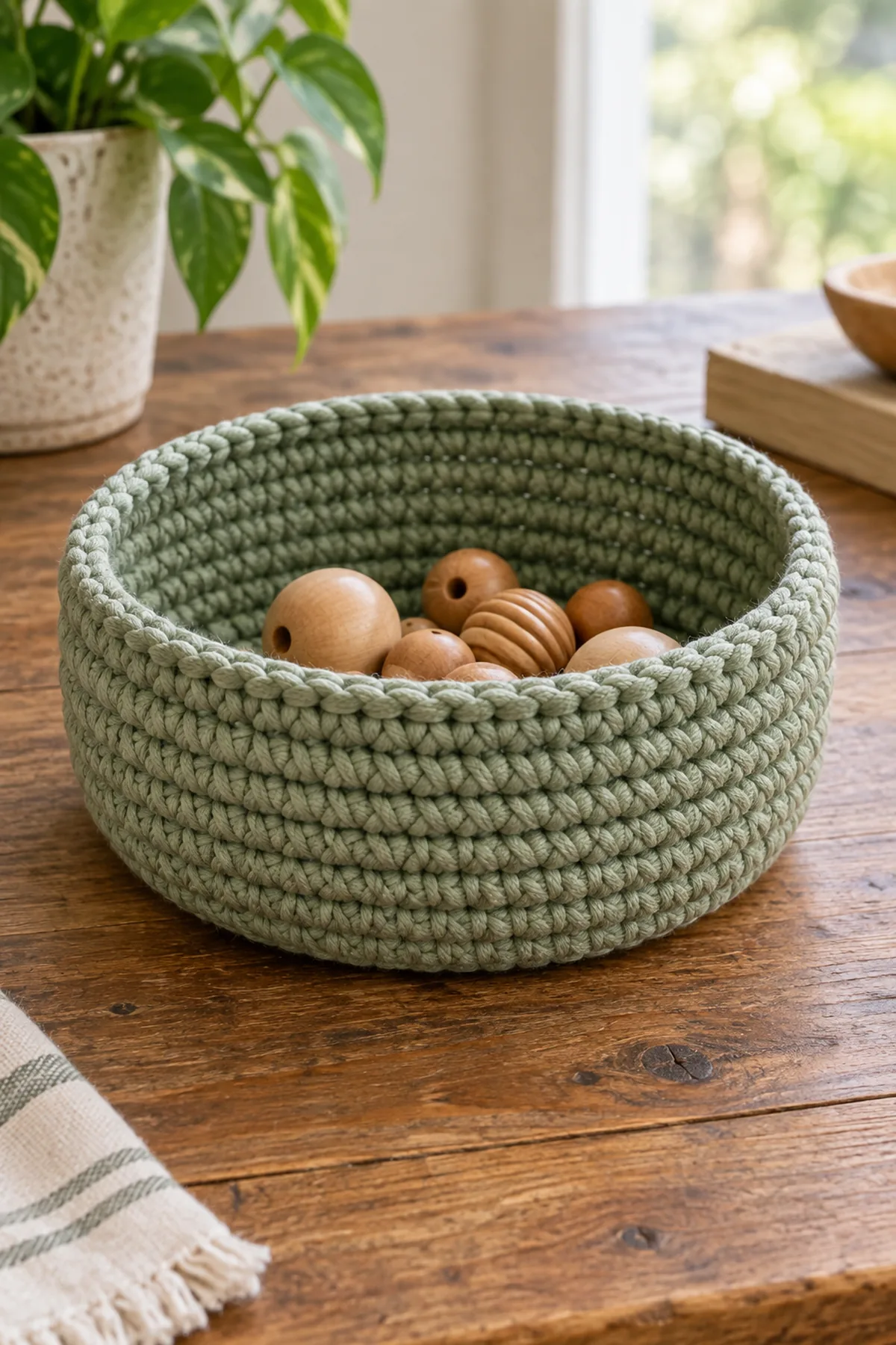 Finished beginner crochet coiled rope bowl displayed with a clean handmade finish