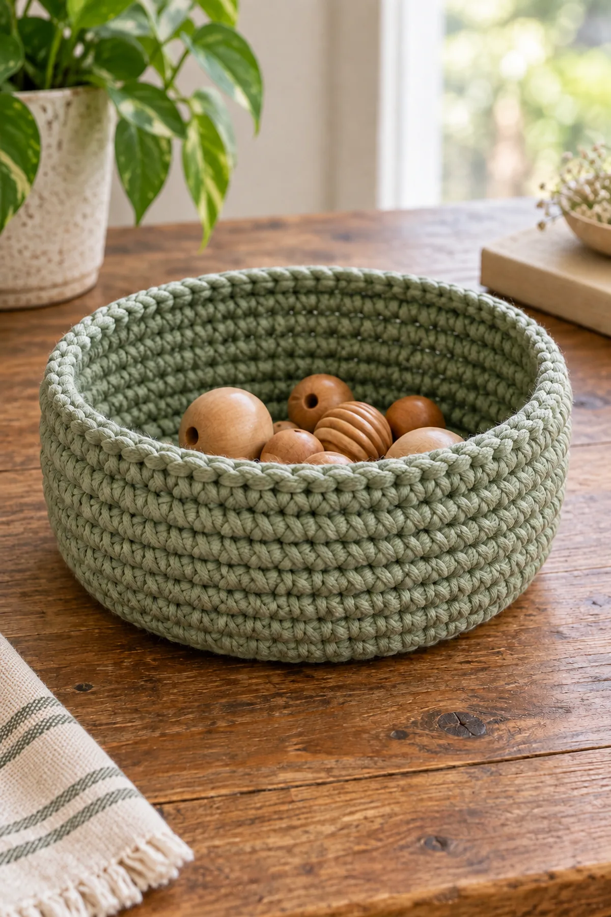 Finished beginner crochet coiled rope bowl styled in a bright natural setting