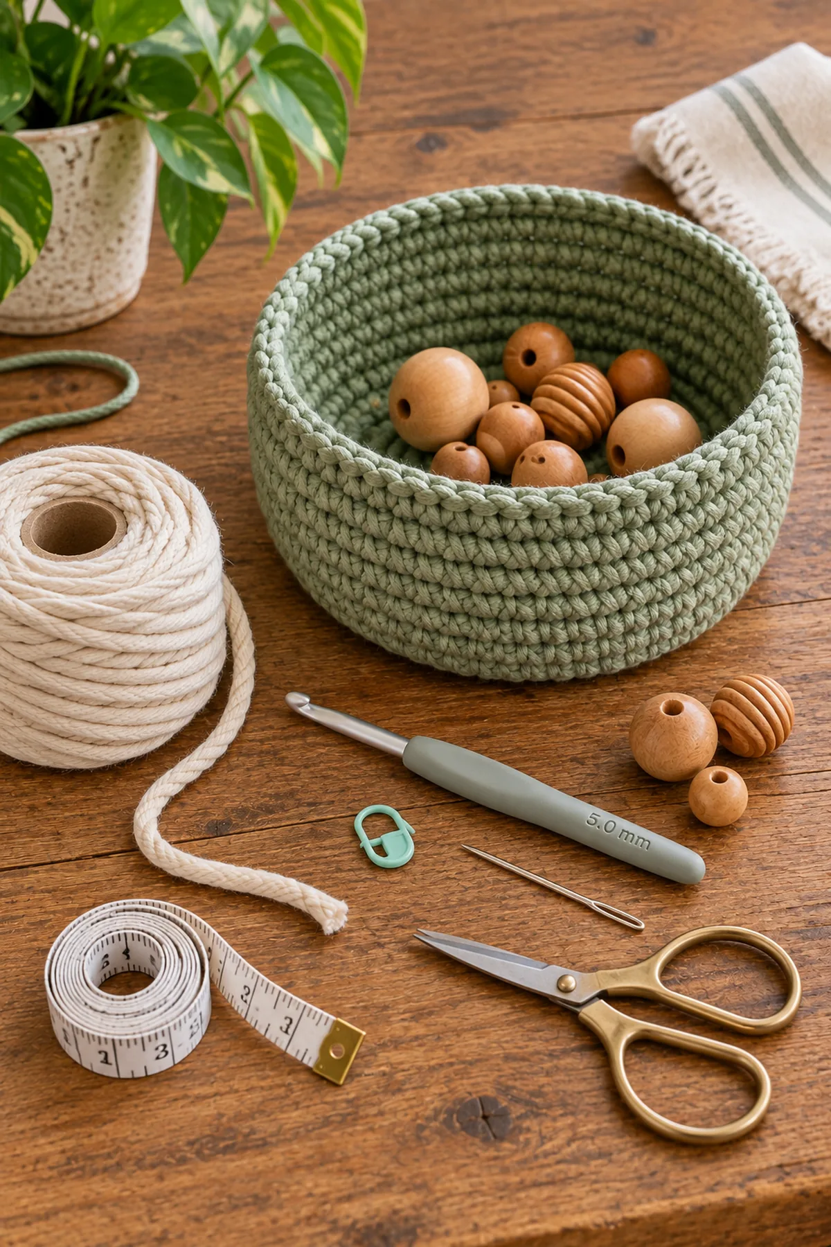 Materials for beginner crochet coiled rope bowl including yarn, crochet hook, markers, needle, tape measure, and scissors
