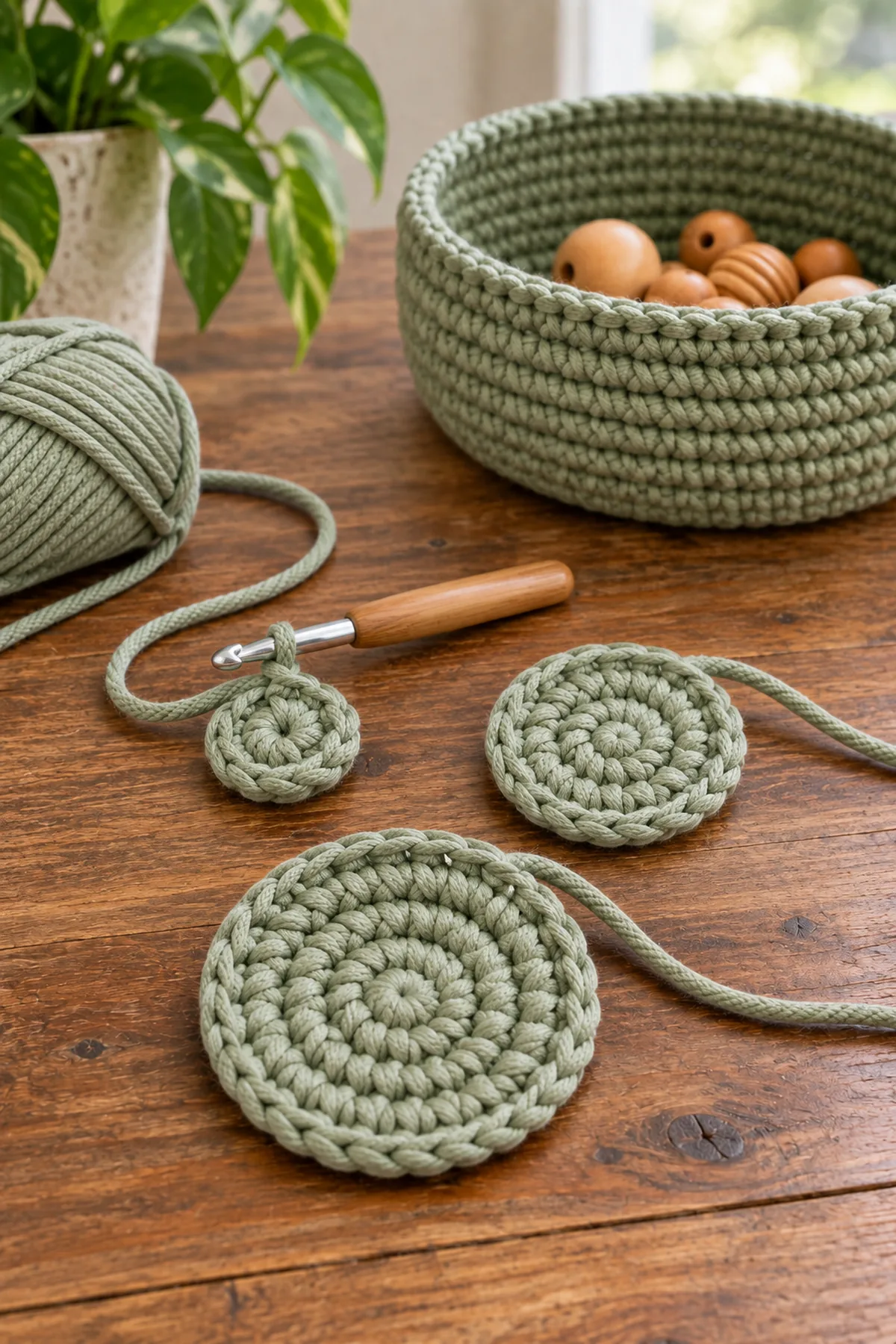 Early crochet construction stage for beginner crochet coiled rope bowl with working yarn and hook