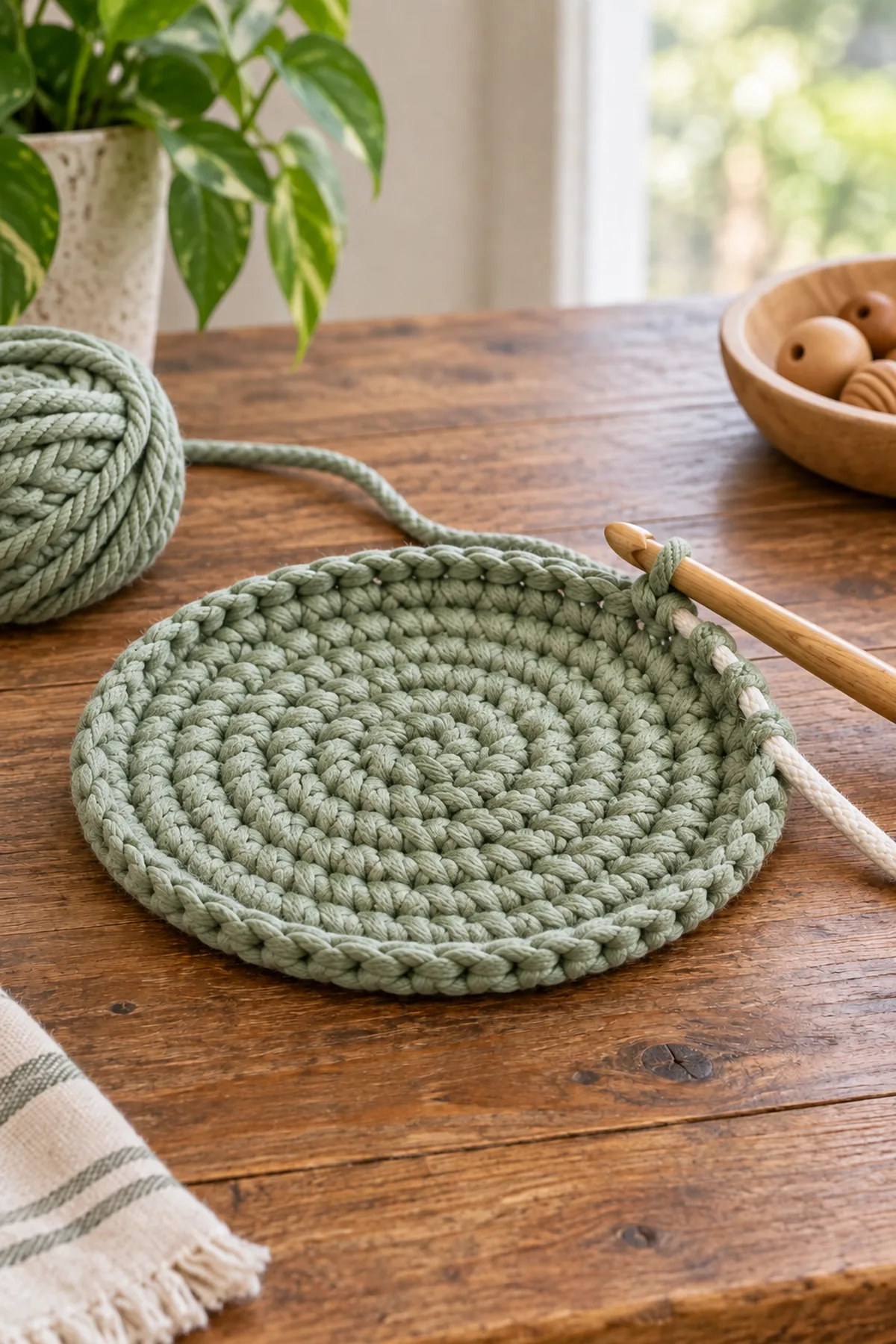 Mid-process crochet construction and shaping for beginner crochet coiled rope bowl