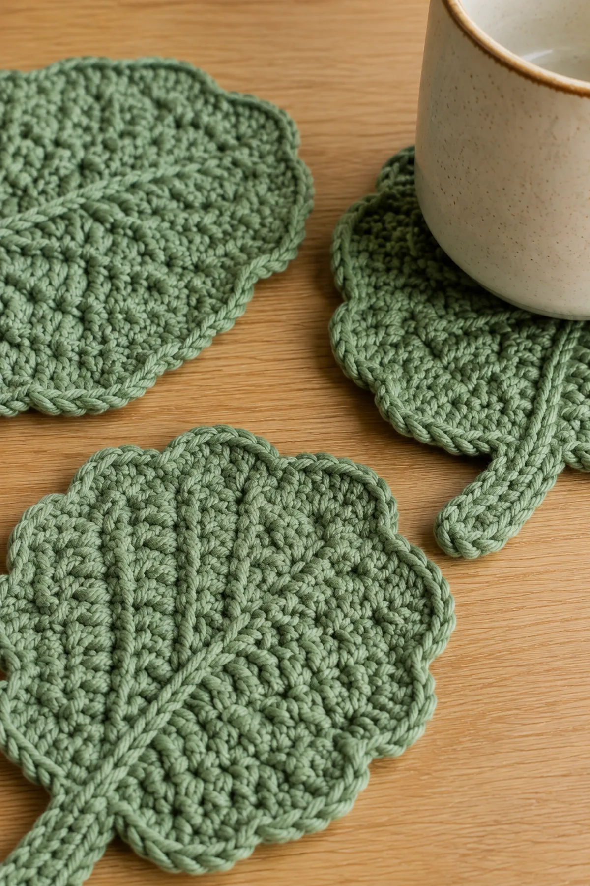 Close-up of the stitch texture and finishing details on beginner crochet leaf coaster trio