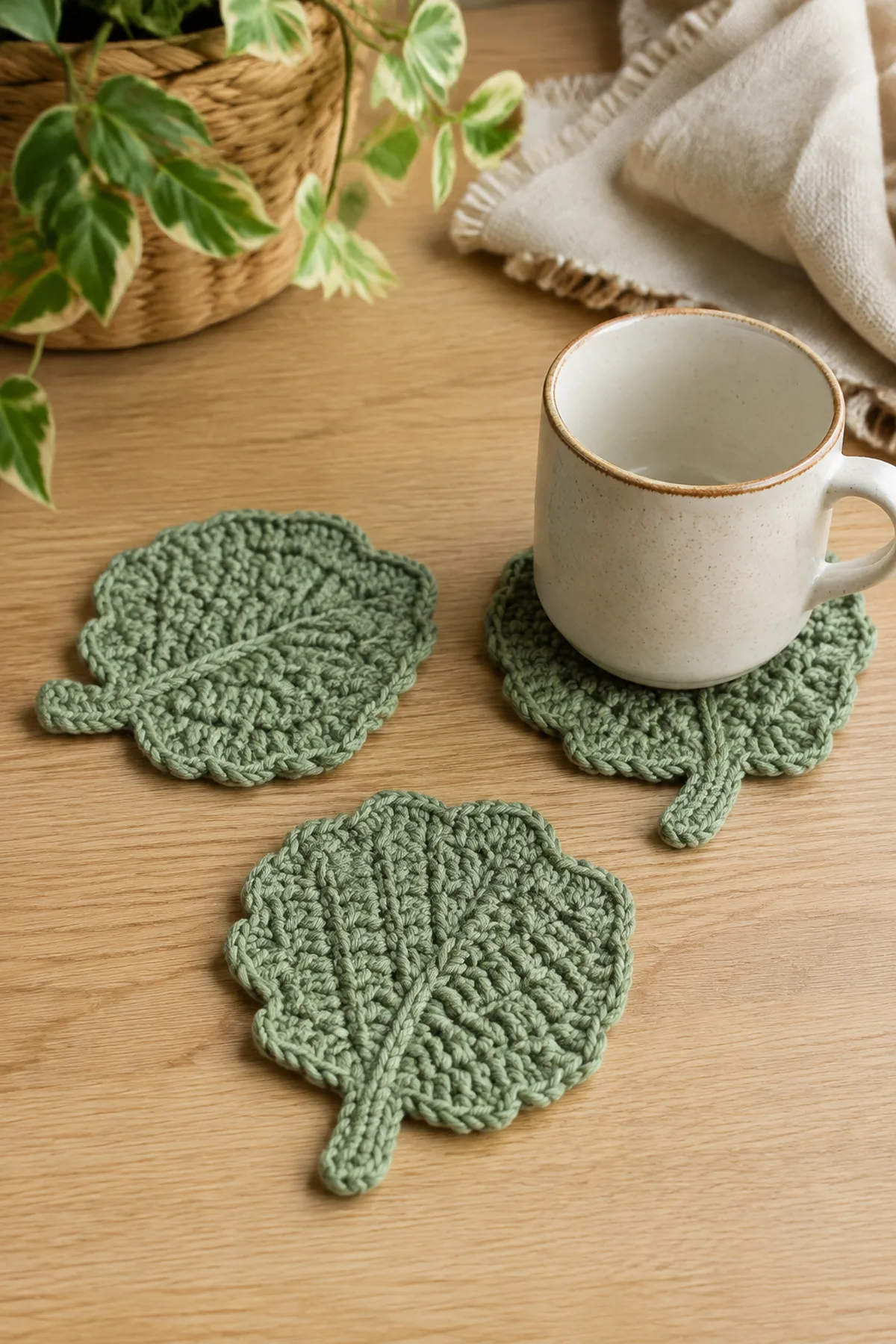 Finished beginner crochet leaf coaster trio displayed with a clean handmade finish
