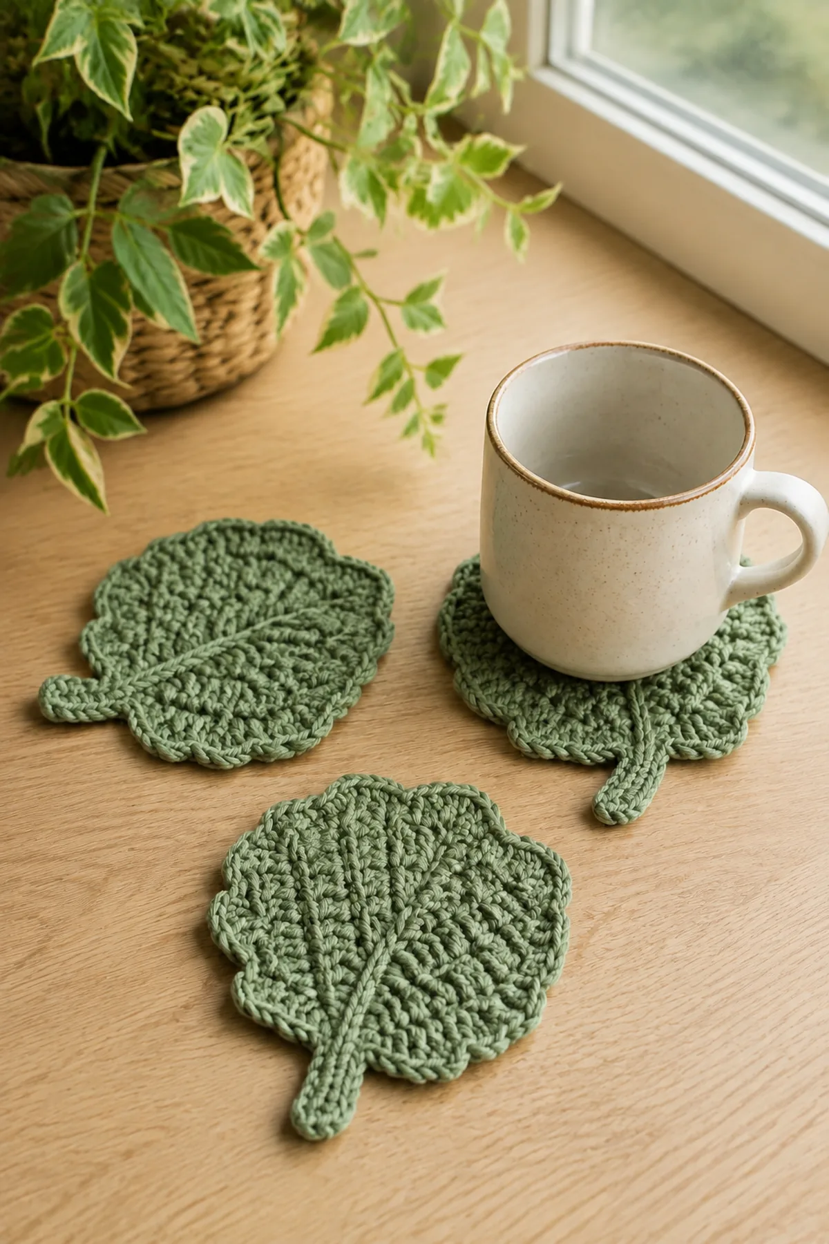 Finished beginner crochet leaf coaster trio styled in a bright natural setting