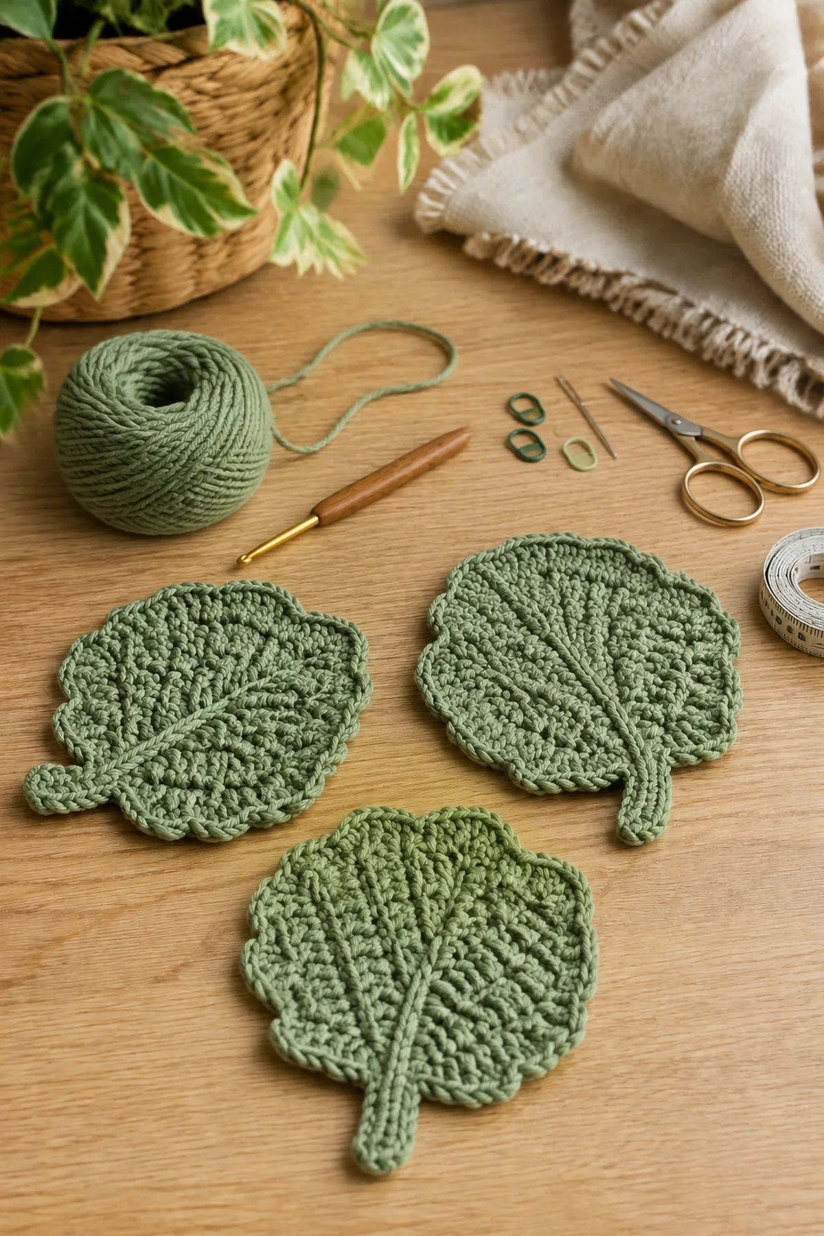Yarn, crochet hook, stitch markers, yarn needle, tape measure, and scissors for beginner crochet leaf coaster trio