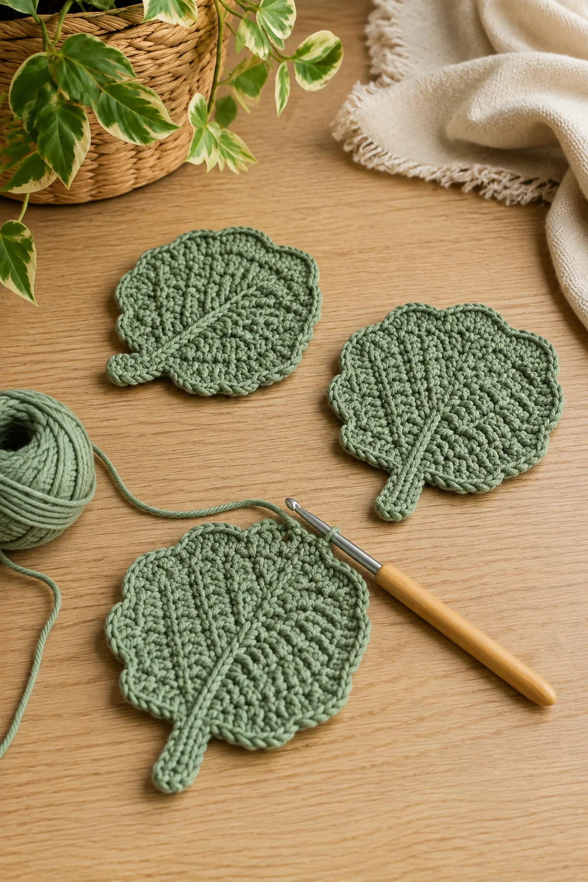 Early crochet construction stage for beginner crochet leaf coaster trio with working yarn and hook