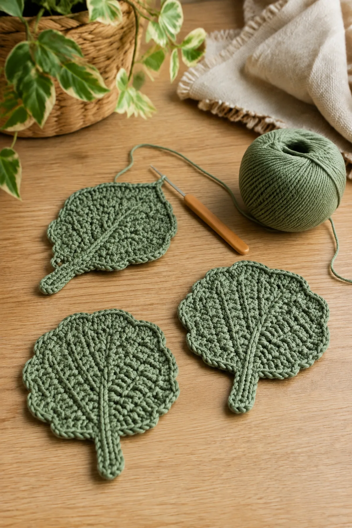 Mid-process crochet construction and shaping for beginner crochet leaf coaster trio