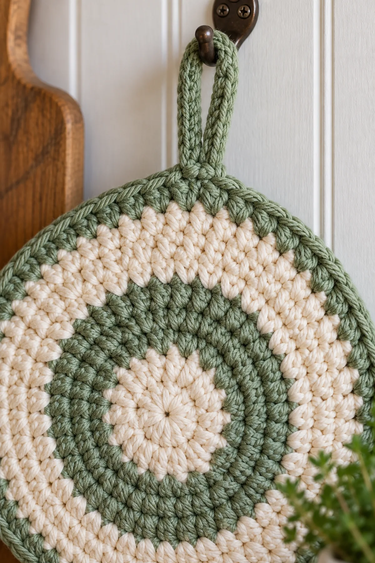 Close-up of the stitch texture and finishing details on beginner crochet padded trivet with hanging loop