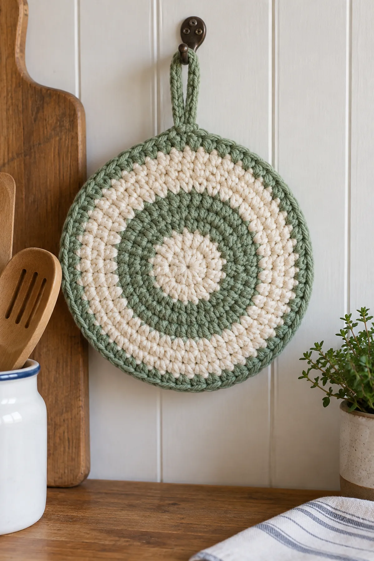 Finished beginner crochet padded trivet with hanging loop displayed with a clean handmade finish