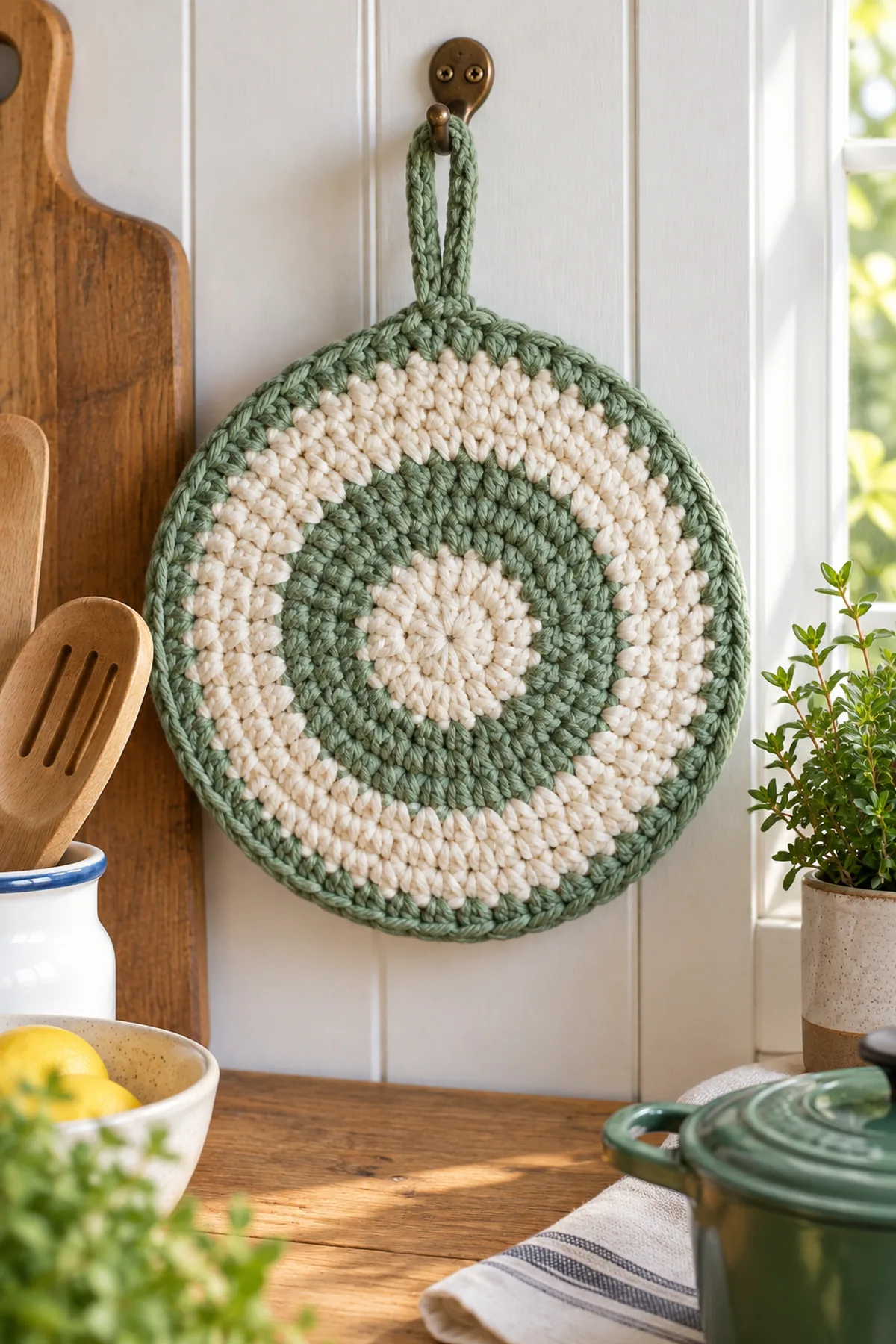 Finished beginner crochet padded trivet with hanging loop styled in a bright natural setting