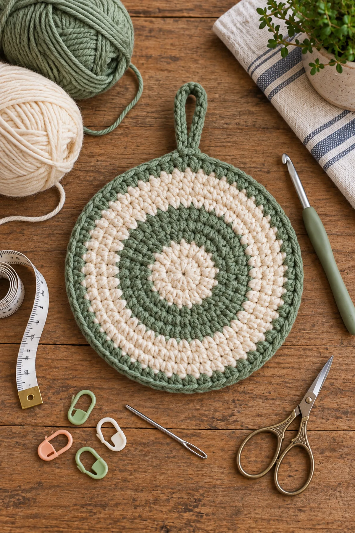 Yarn, crochet hook, stitch markers, yarn needle, tape measure, and scissors for beginner crochet padded trivet with hanging loop
