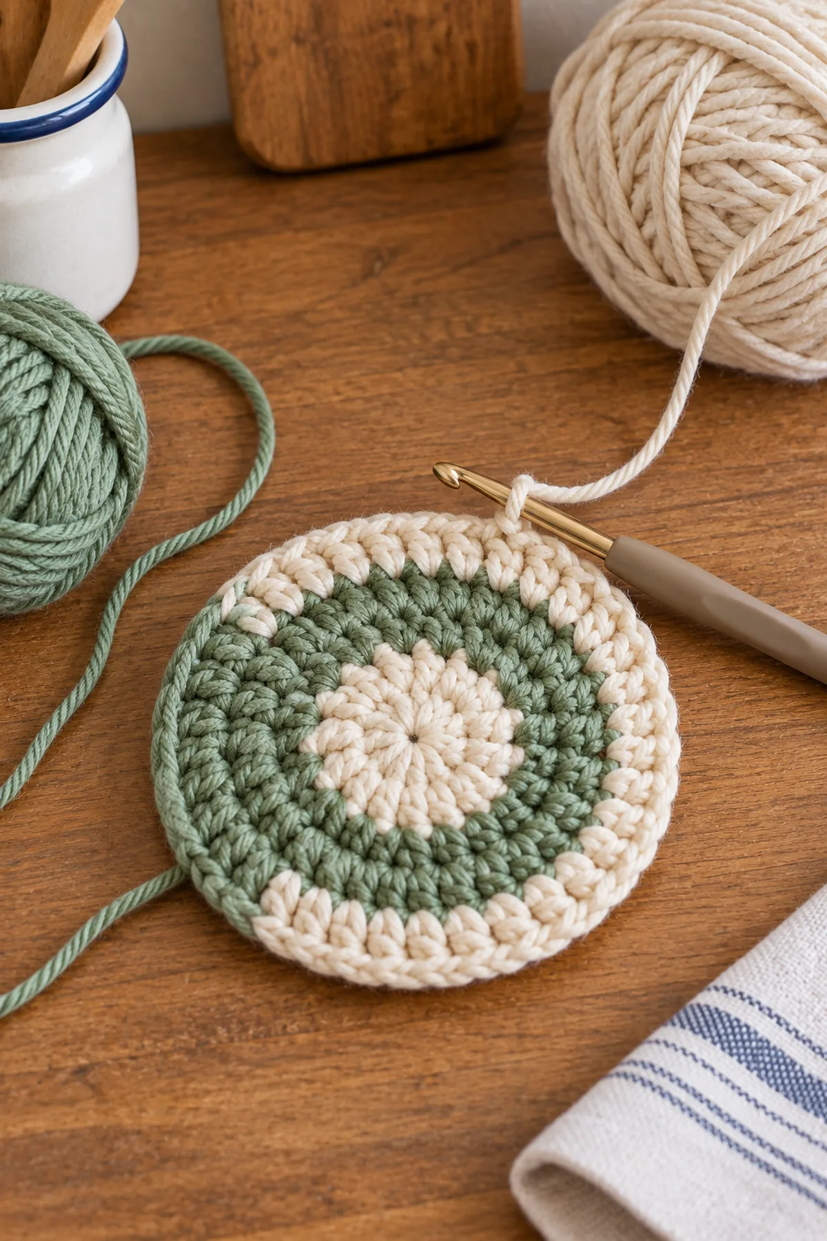 Early crochet construction stage for beginner crochet padded trivet with hanging loop with working yarn and hook