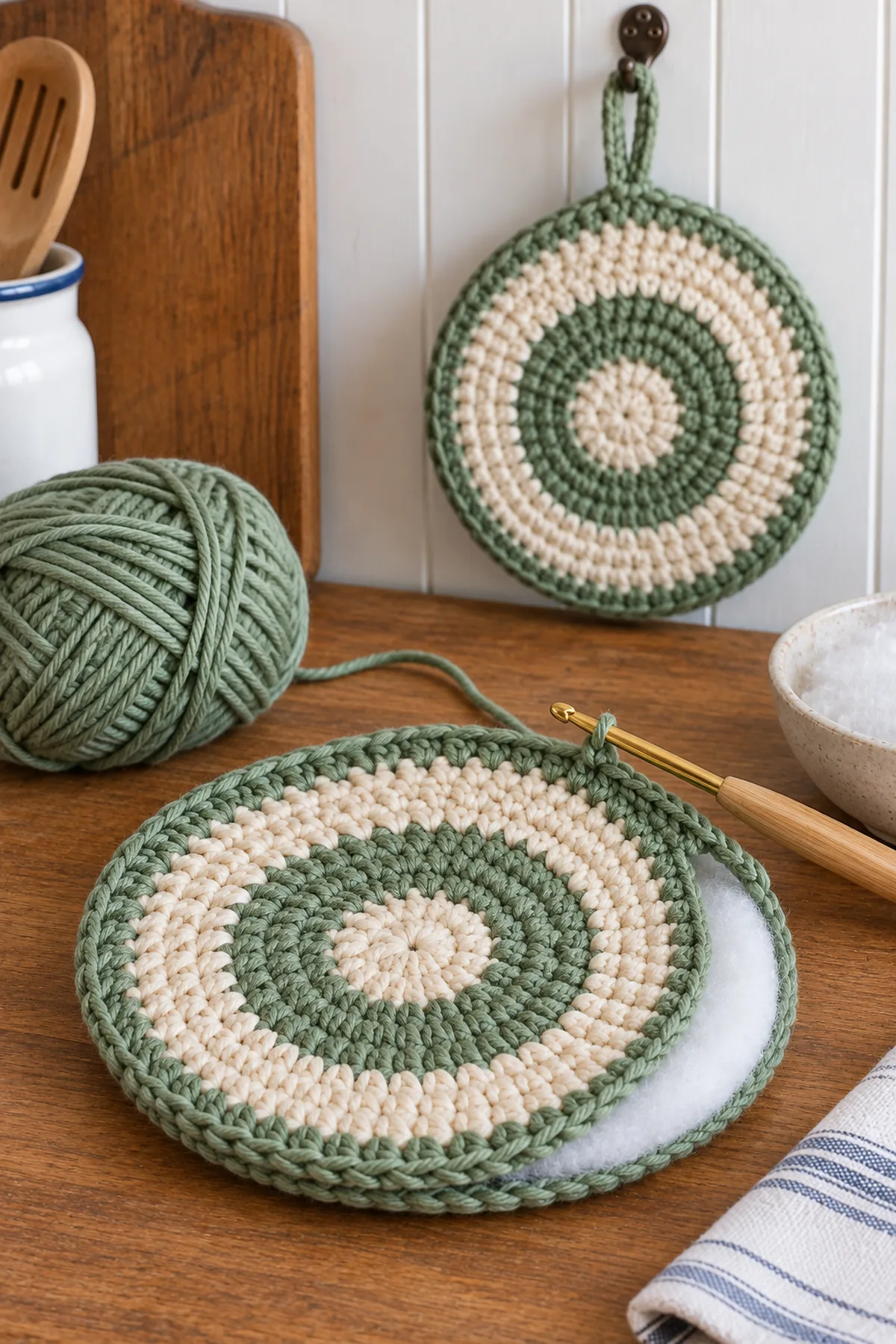 Mid-process crochet construction and shaping for beginner crochet padded trivet with hanging loop