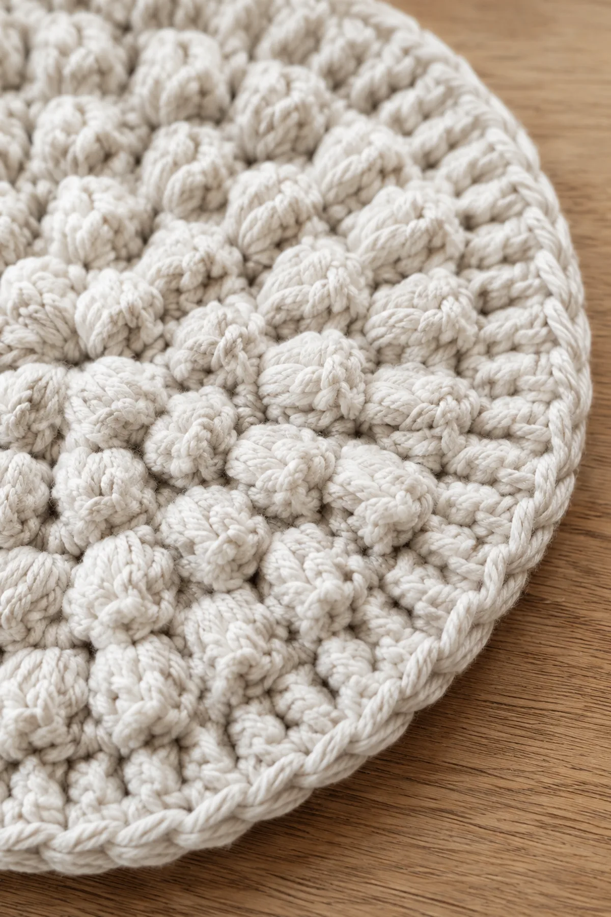 Close-up of the stitch texture and finishing details on beginner crochet pebble stitch mini trivet