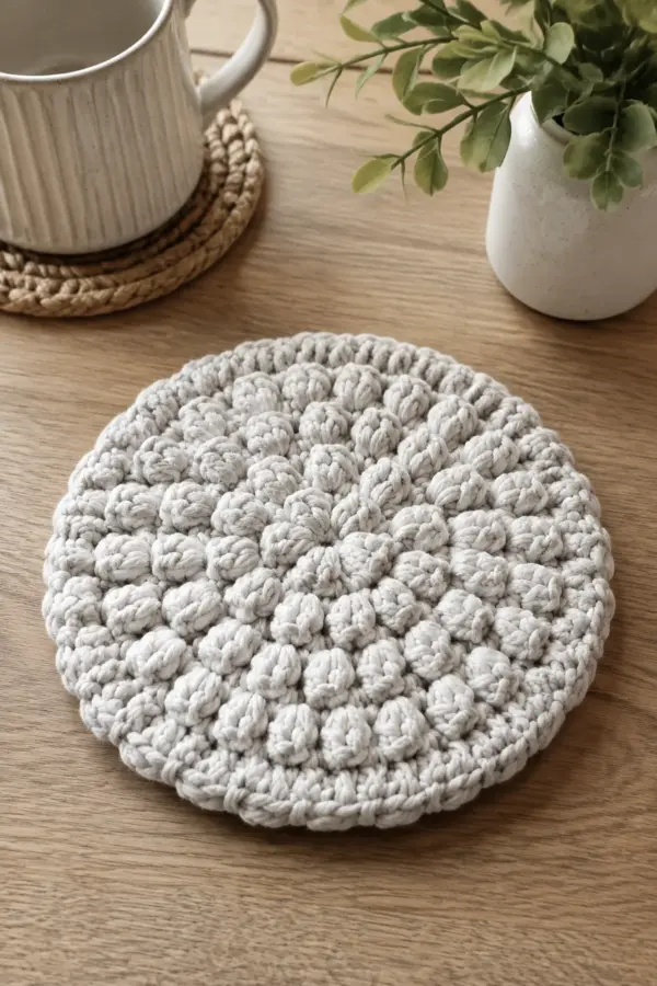 Finished beginner crochet pebble stitch mini trivet displayed with a clean handmade finish