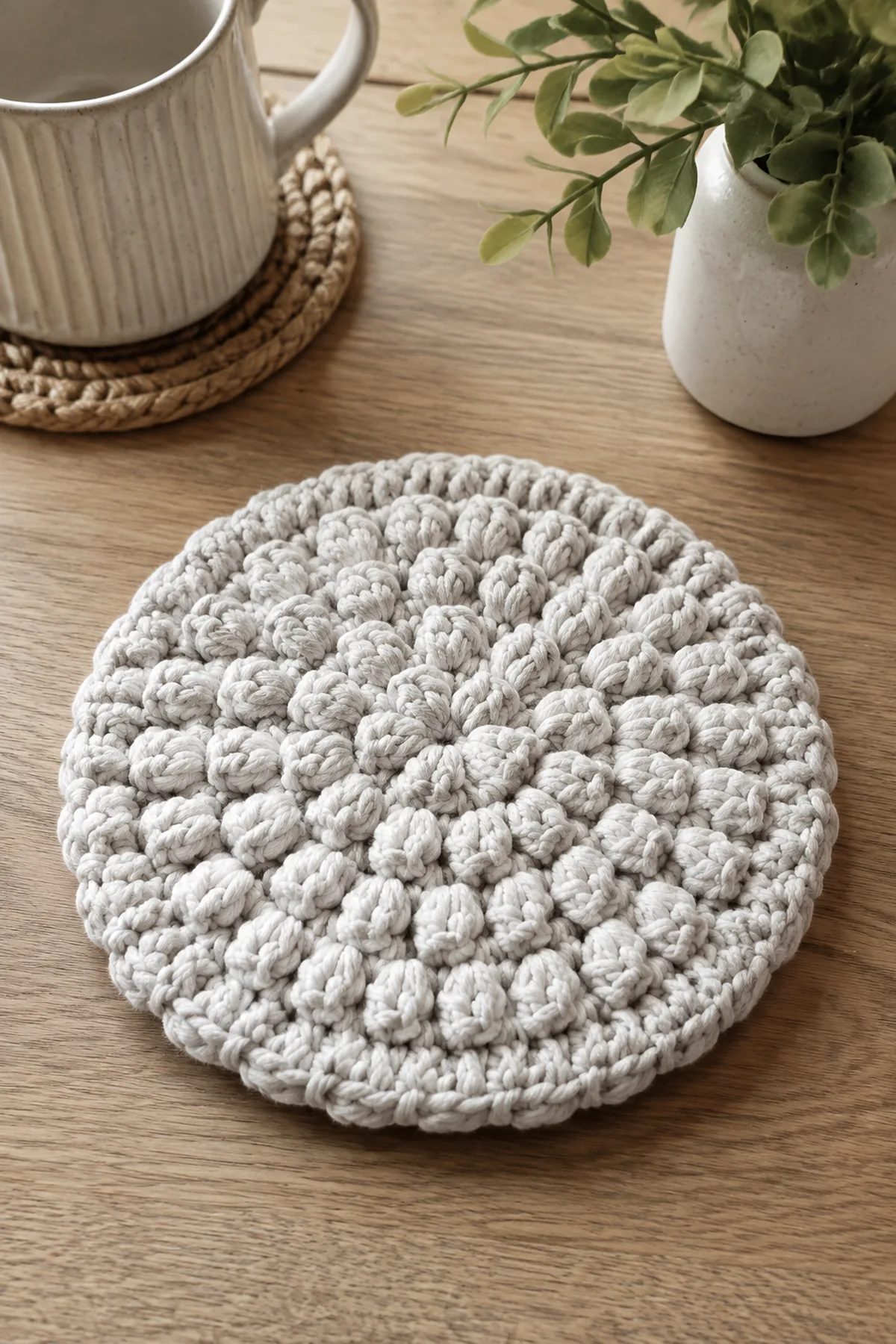 Finished beginner crochet pebble stitch mini trivet displayed with a clean handmade finish