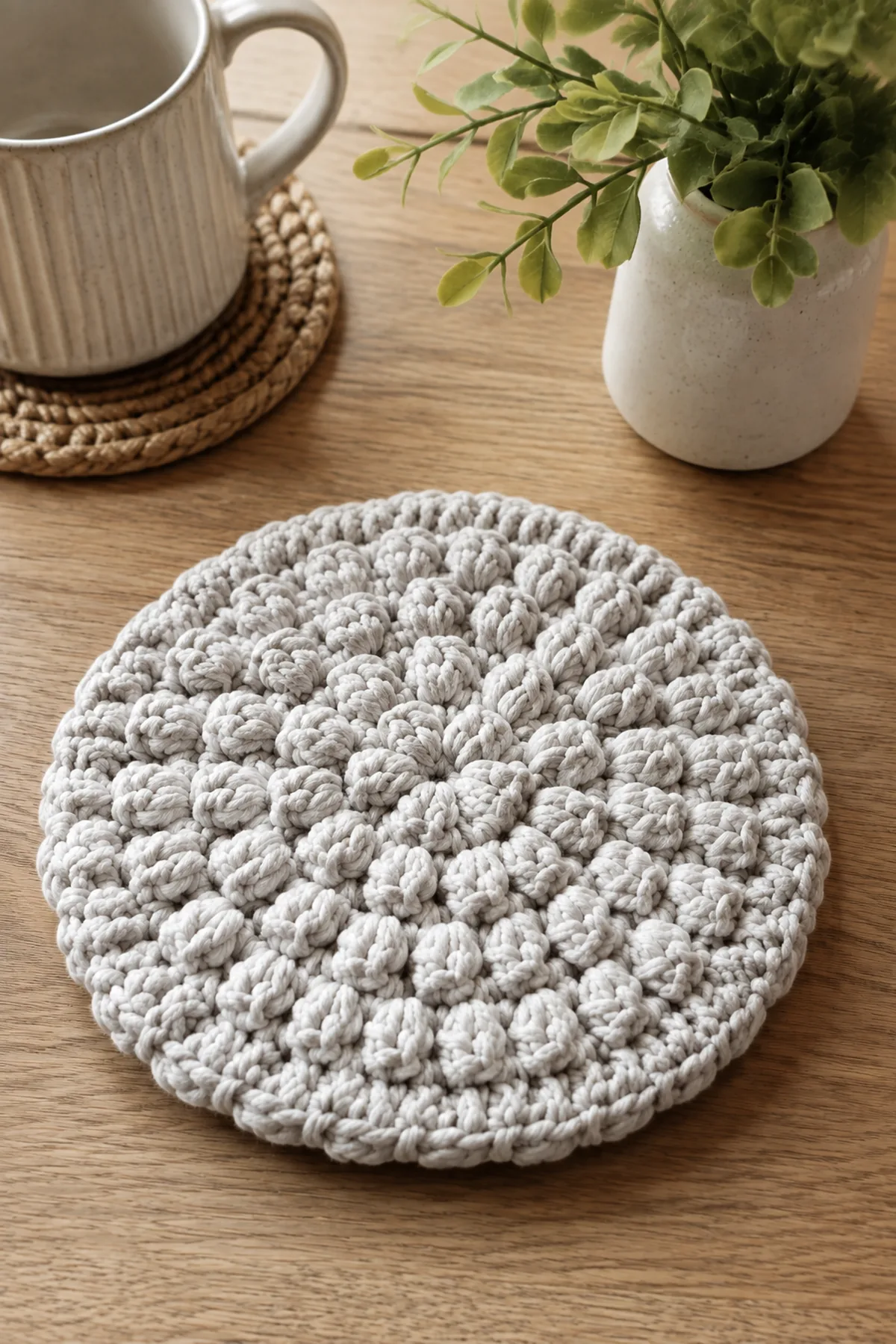 Finished beginner crochet pebble stitch mini trivet styled in a bright natural setting