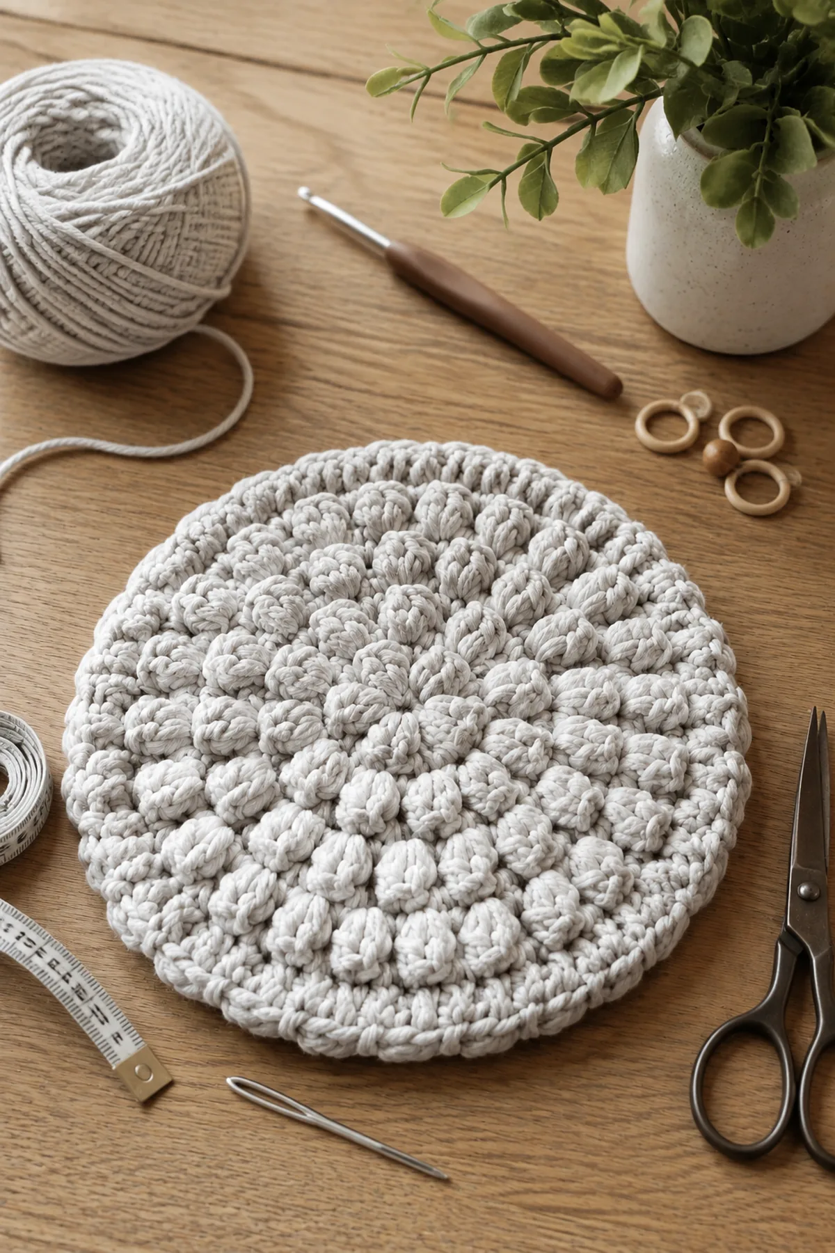 Yarn, crochet hook, stitch markers, yarn needle, tape measure, and scissors for beginner crochet pebble stitch mini trivet