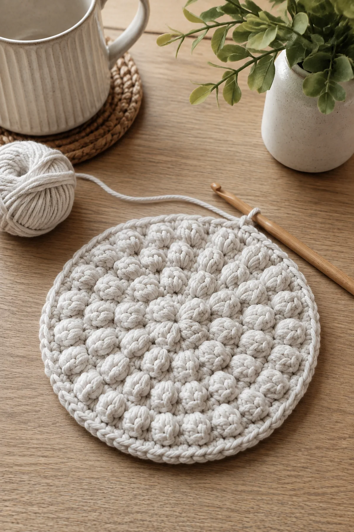 Early crochet construction stage for beginner crochet pebble stitch mini trivet with working yarn and hook