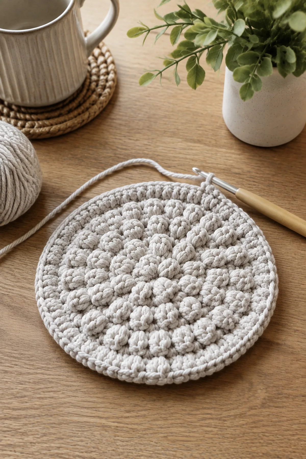 Mid-process crochet construction and shaping for beginner crochet pebble stitch mini trivet